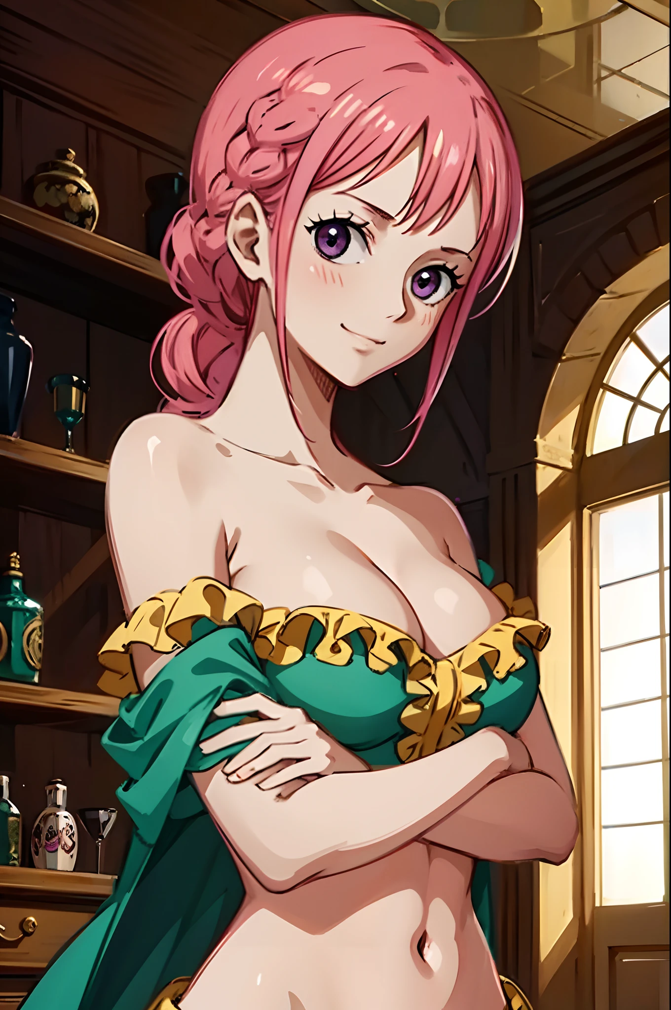 (masterpiece), Rebecca_onepiece, one-girl, little breast, noble clothes, ((beautiful face)), (off shoulder: 1.2), looking at viewer, smile, blush, cute pose, indoor, standing, upper body