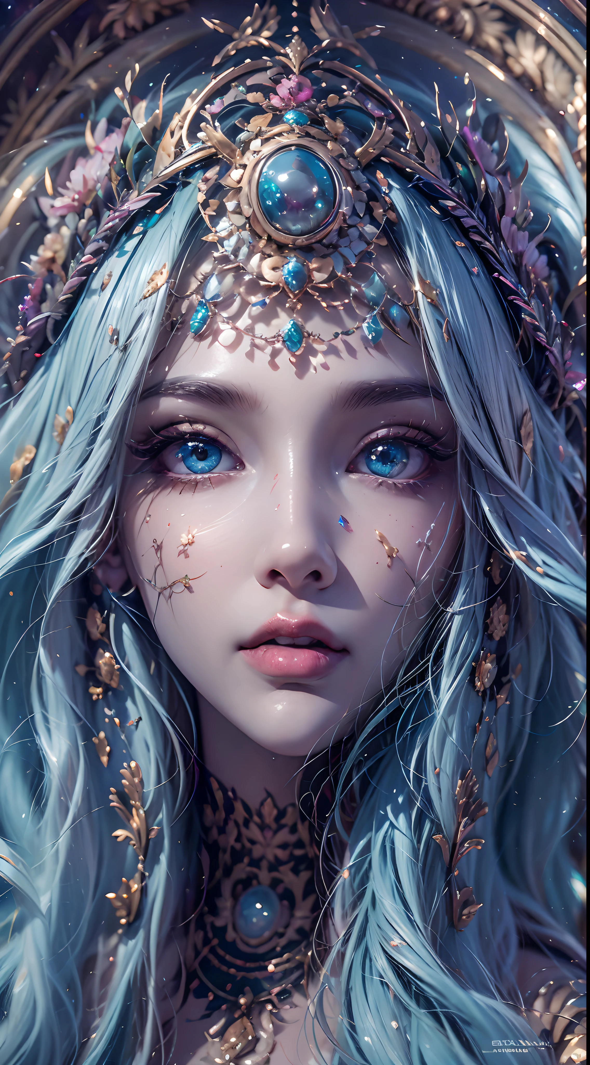 (best qualtiy,ultra - detailed,Most Best Illustration,Best shadow,tmasterpiece,A high resolution,professionalartwork,famousartwork),Sky blue picture style,Detailed eyes,beautidful eyes,closeup cleavage,sci-fy,colored sclera,Robot eyes,face markings,Tattooed with,(fractalized,Fractal eyes),largeeyes,Wide eyes,(Eye focus),sface focus,Cosmic eyes,Space eyes,Close-up of metal sculpture of a woman with a moon in her hair,goddes。extremly high detail,3 d goddess portrait,Extremely detailed footage of the goddess,a stunning portrait of a goddess,Full body close-up portrait of the goddess,hecate goddess,portrait of a norse moon goddess,goddess of space and time,PureErosFace_V1,Urzang-6500-V1 Edition.1,
