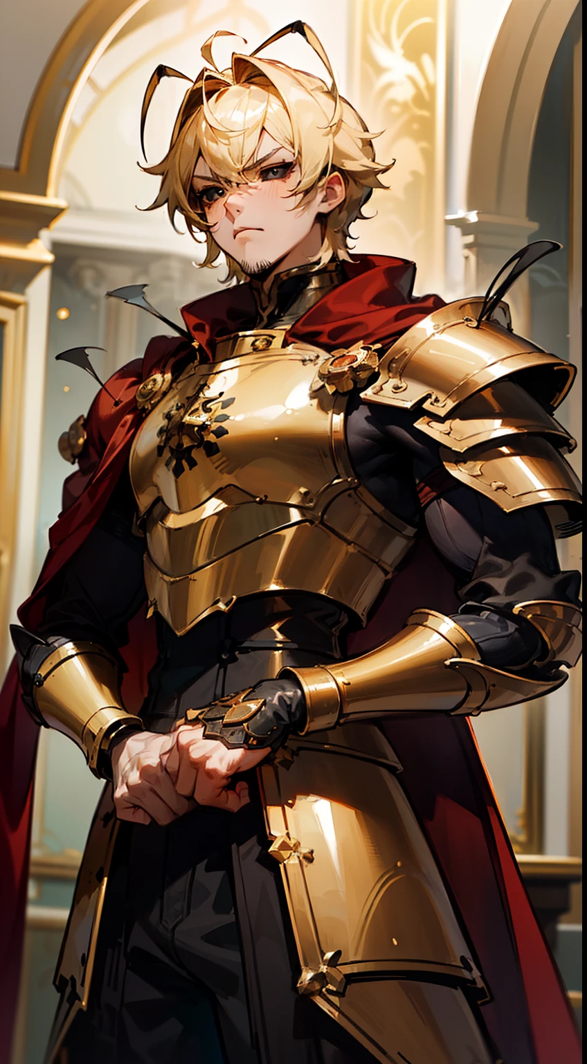 (Original Character,8k, Masterpiece, Best Quality,Detailed, Beautiful Detailed Eyes, solo),1boy,tall,sexy,fine skin,cowboy shot,(black eyes),black sclera,blonde hair,short hair,facial hair,(((hair 2antennas)))(gold armor),red cape,standing in room in castle,serious face,