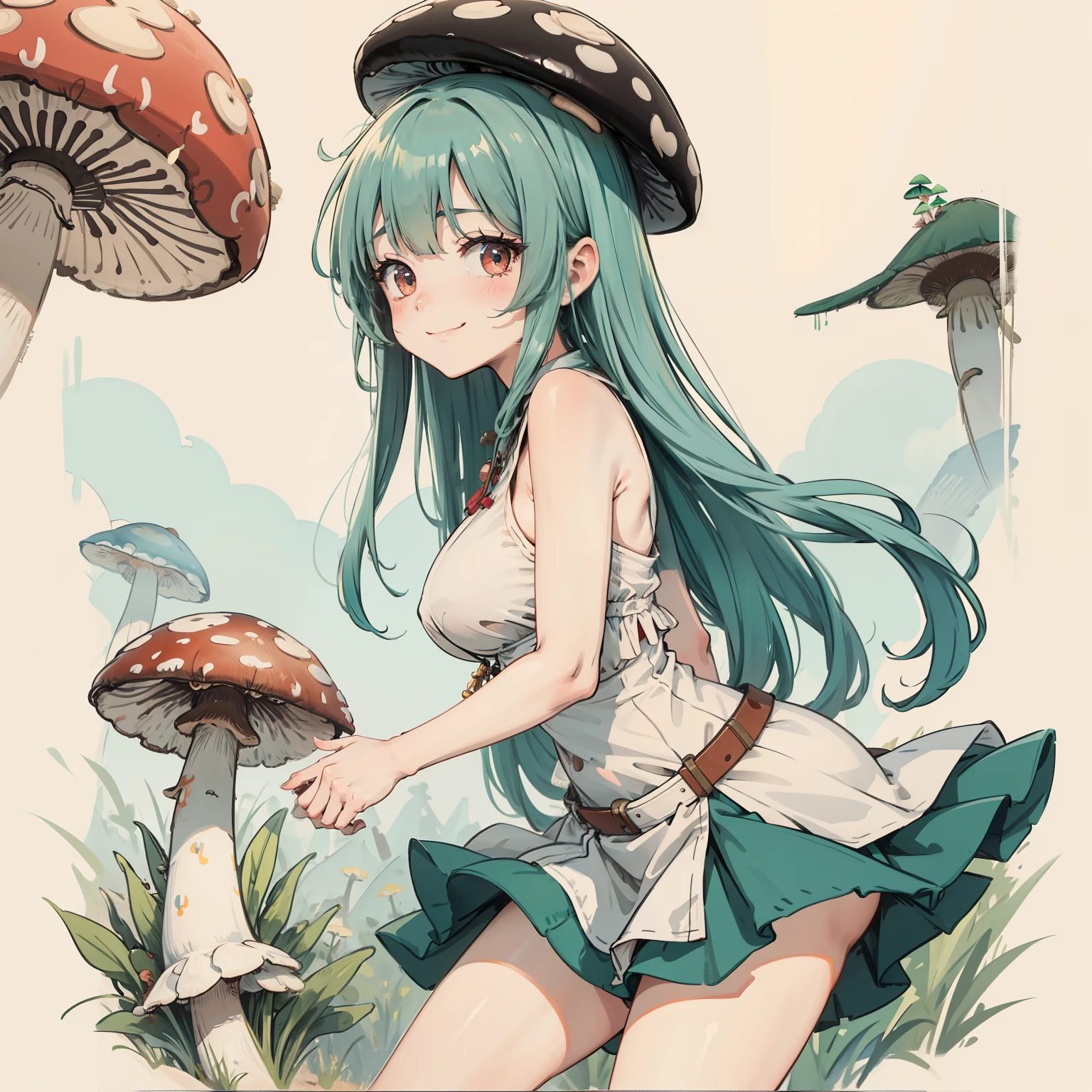 1girll, Long aqua green hair, Red eyes, dress, (Solo:1.3),Simple drawing, Mushrooms and girls, huge boob, Big smile, Mushrooms + Mushrooms + Mushrooms + Mushrooms + Mushrooms,Red mushrooms,Cyan mushrooms,White mushrooms, Mushrooms grow on the body,From the side Side,Dancing,Watercolor illustration, Perfect anatomy, Masterpiece, Best quality, 1girll, ,elementary student,Nature, landscape