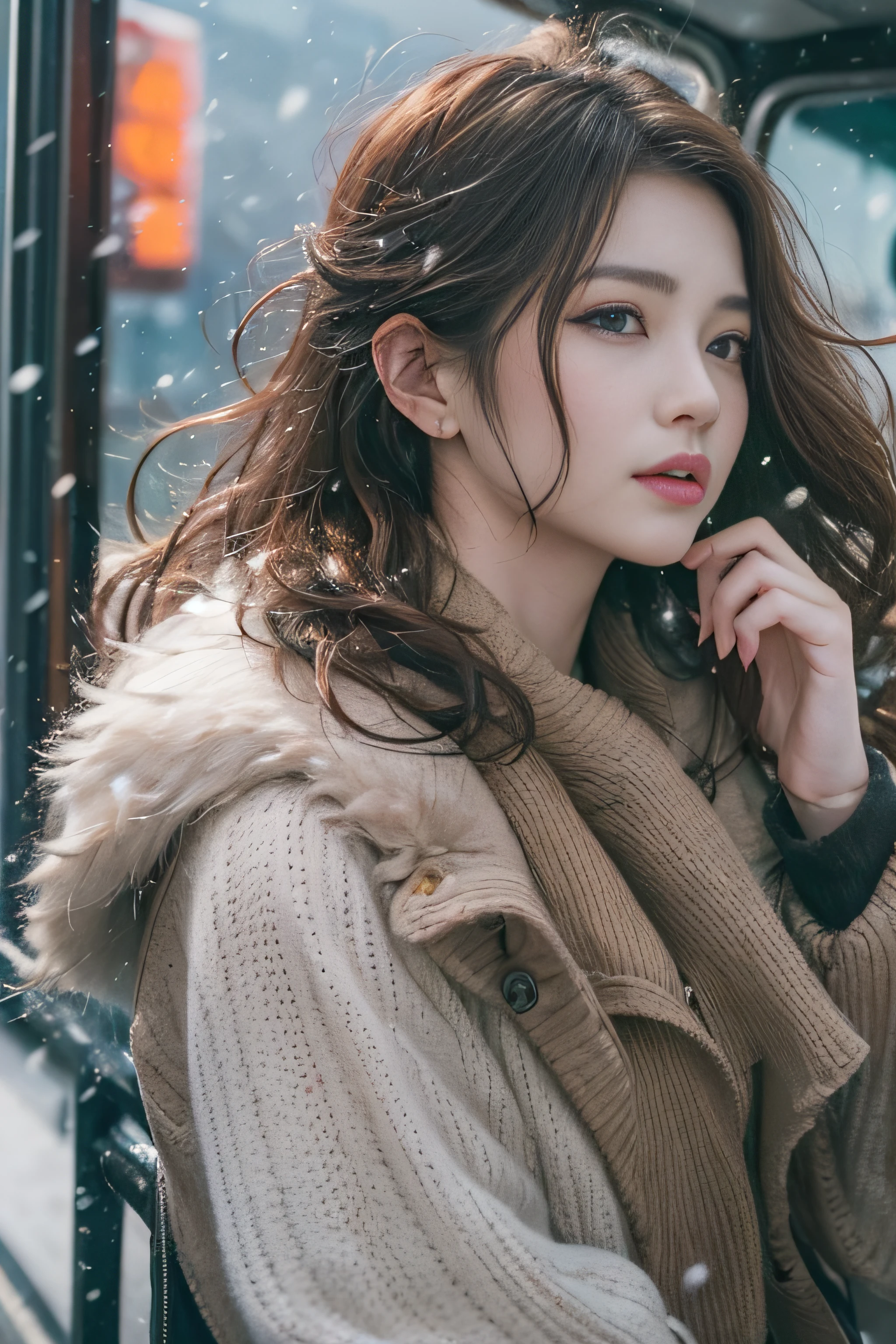1womanl、late 20s age、(Strong-willed super beauty)、(ultra beautiful faces)、Wearing makeup、Wavy brown hair、Shallow depth of field、It's snowing since I got off the night train、Only the sound of the sea is heard、I also took the ferry alone、I was staring at the freezing seagull