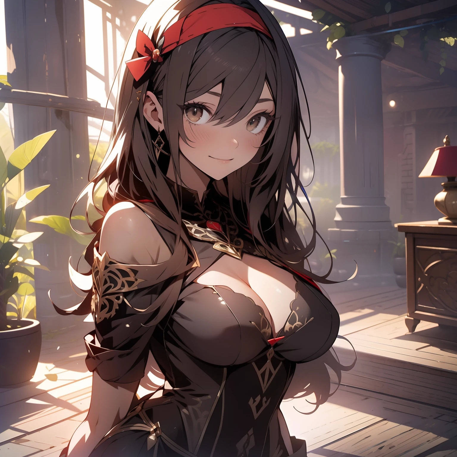 (primitive, Best quality, tmasterpiece:1.5), (photograph realistic, Intricate details:1.2), 超高分辨率, absurderes, 1girll, Beautiful face, Detailed eyes,light in face, mini-skirts,Silk scarf、Black tights,ssmile,cleavage,(red bow hairband),long whitr hair,(Brown eyeballs:1.5),brown hair,(Off-the-shoulder attire:1.5),red clothes, Sexual suggestiveness、middlebreast、Big breasts Thin waist、slender leg,Long legs,perfect body figure,perfectly proportions,looking at viewert,(office room,inside in room,Ultra-detailed background:1.2),ssmile,shiny skins, True skin texture, natural lightting, best illuminate, Background of details, detail shaded, sharp fokus, Depth of field f/2, Saturation, hight contrast, Intense light and shadow