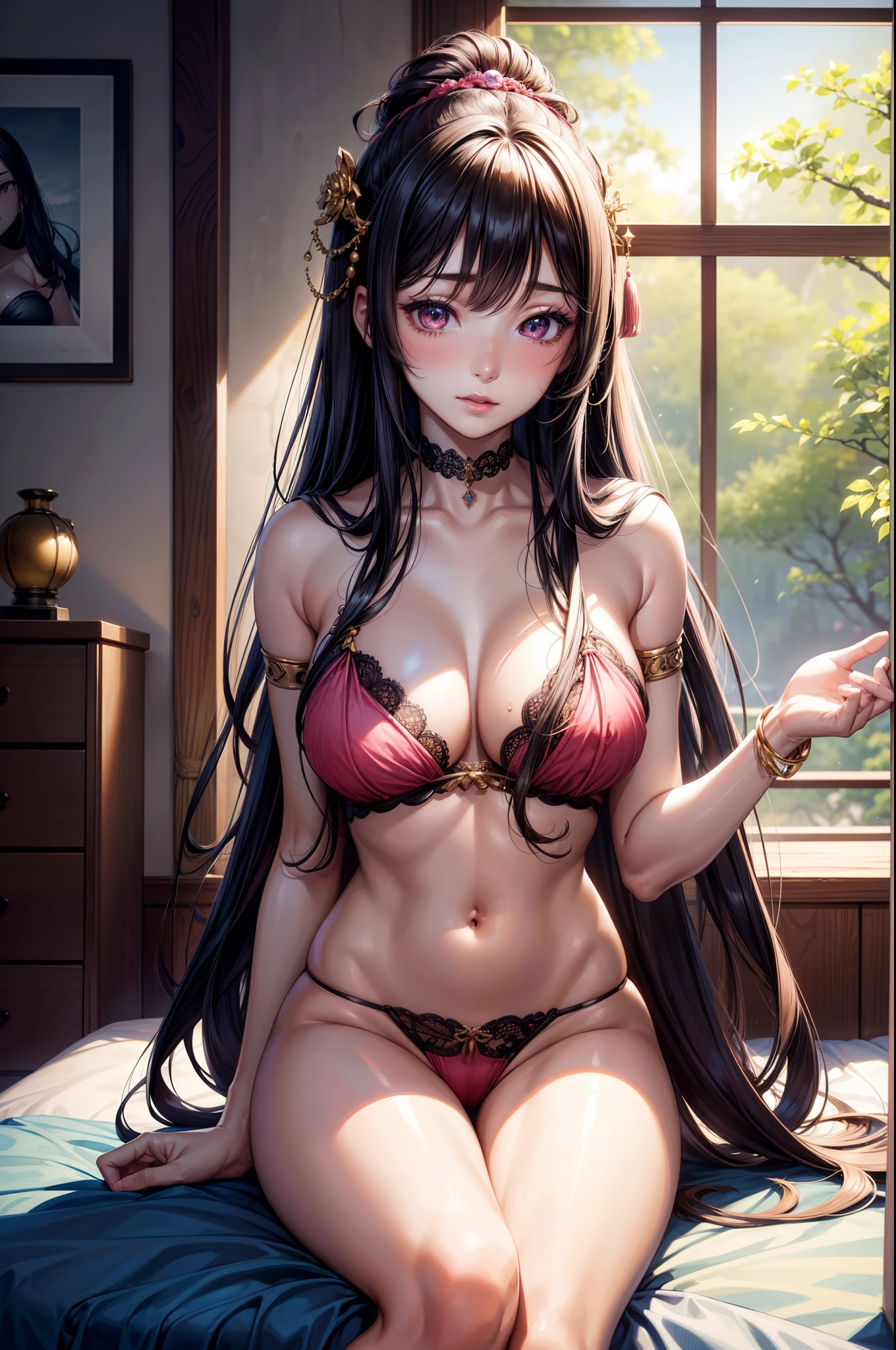 There is a woman in pink underwear, Naughty underwear, Japan Girl, Japan women, Japan style, on the beds, Obscene underwear, portrait photo, A Princess, Inspired by idols, Blonde goddess, beautiful brunette girl, oriental girl, master work, The highest image quality, hightquality, high detailing, 超A high resolution, 8K resolution, depth of fields, Cinematography, intricate detailes, Elaborate, meticulous, Magnificent, Maximum Detail, Extreme beauty, (((1girl in, Solo))), 18year old, Long hair, Multicolor Hair, White skin, Realistic, masutepiece, (The highest image quality), hightquality, high detailing, 超A high resolution, the panorama, Exquisite facial features, Perfect face, Glowing skin, Dreamy background, Women, Girls, angelicales, mini girls, goddes, bard, Shy, Surprise, shoulder-length hair, Golden hair, sharp and clear focus, three-dimensional silhouette, correct proportions, Realistic portrait, Face Close-up, a very temperamental beautiful girl, Slender figure, Exquisite facial features, long hair flowing, Black hair, extremely detailed hair description, (鎖骨), Perfect face, clean and flawless face, long eyelashes, shallow dimples, blush, watery big eyes crystal clear, delicate cream Glowing skin like skin, detailed skin details, CFG scale: 8,(Beautiful girl with big breasts and hair),(She wears pink underwear、lips slightly apart,,),(Her navel is visible), a dream-like atmosphere with vibrant colors and soft lighting,1girl in, Large breasts, Navel, Parted lips
