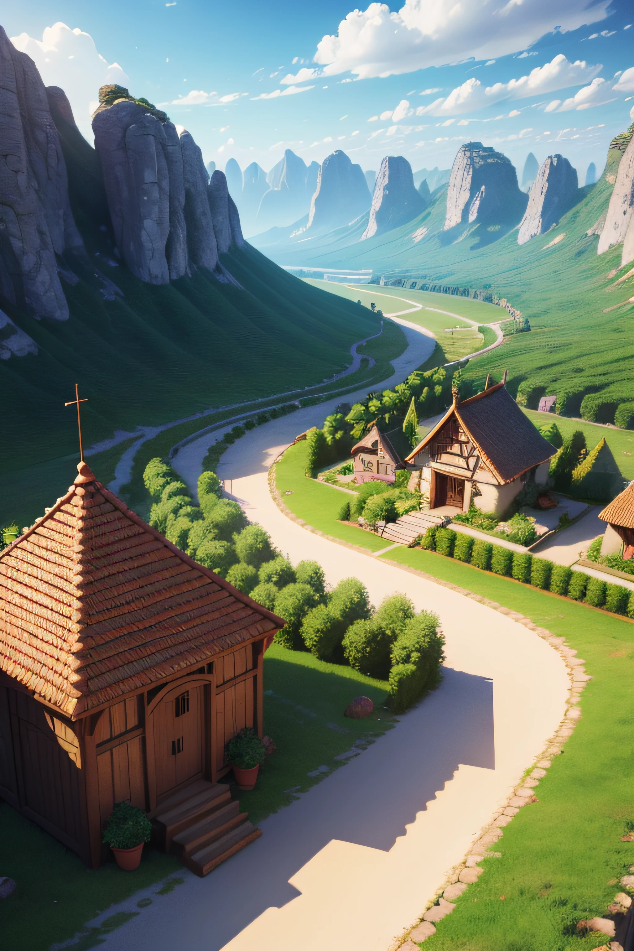 cartoon image from a 3d village with surranding mounten