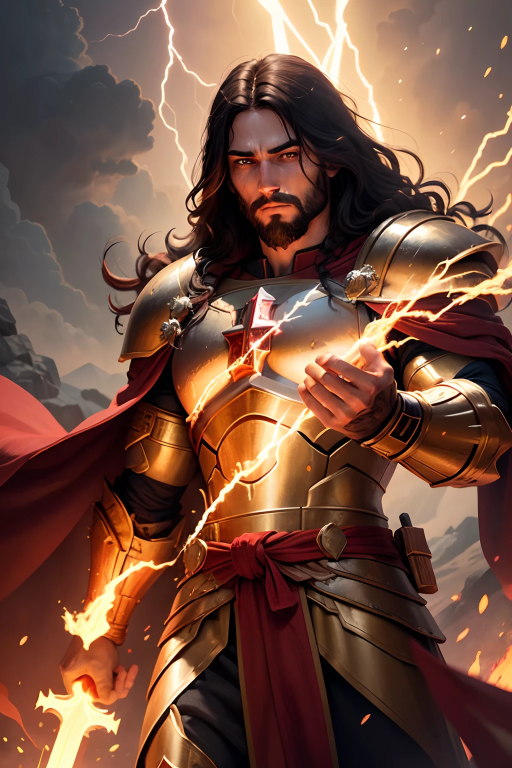 A digital illustration of Jesus as an epic warrior, standing tall, lightning from his hands, fire, dirty face, jewish face, wearing simple gold armor and red robes, red blood stain, red stains, red blood, glowing face, superhuman, Strong, Muscular physique, riding a cloud