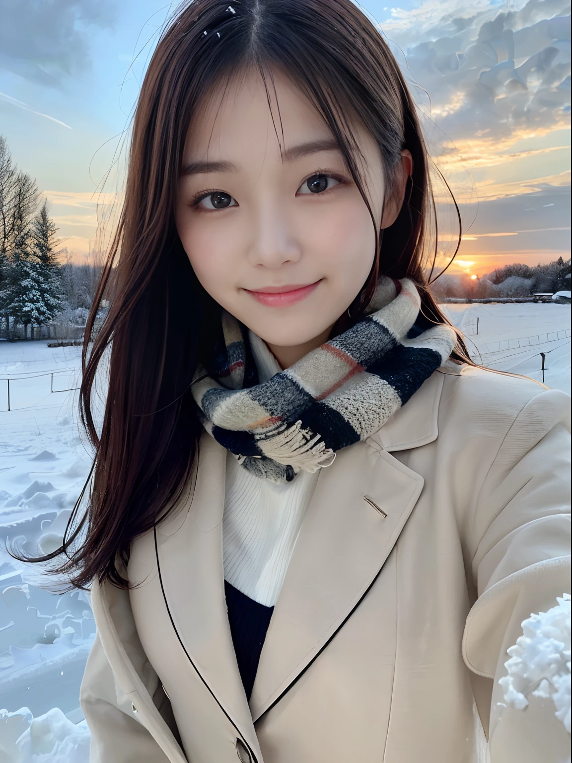 (Close-up portrait of a girl，She has slender breasts and long double-tailed hair，Scarf jacket for winter uniform:1.5)、(The smile is not bright，Girl with hair fluttering in the wind :1.3)、(Beautiful snowy sunset sky:1.5)、(Perfect anatomy:1.3)、(No mask:1.3)、(Complete fingers:1.3)、Photorealistic、Photography、masutepiece、top-quality、high resolution, delicate and pretty、face perfect、Beautiful detailed eyes、Fair skin、Real human skin、pores、((Thin legs))、(Dark hair)