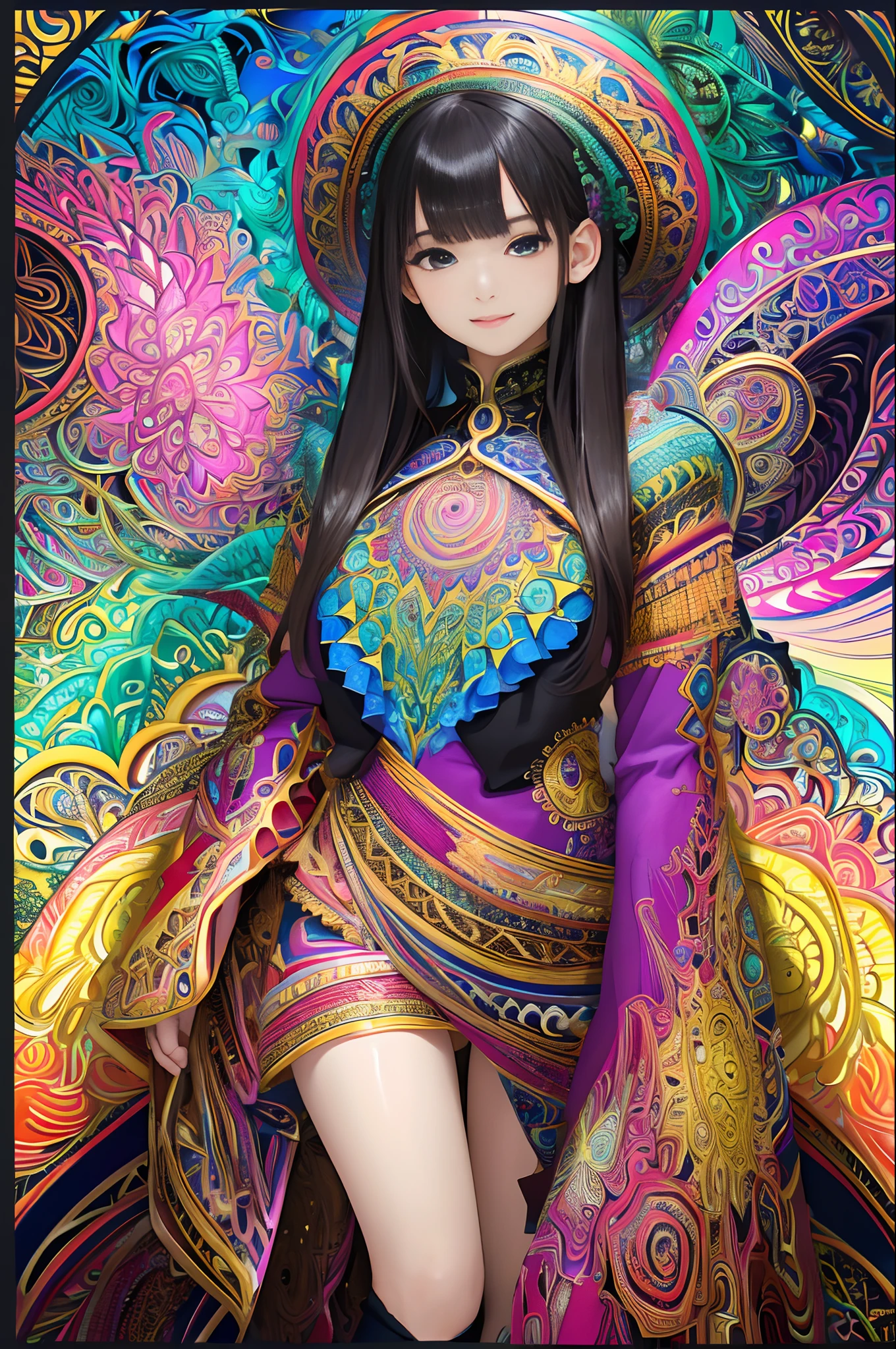 Official Art, Unified 8K Wallpapers, Ultra Detailed, Beautiful and Aesthetic, Masterpiece, Best Quality, (Zentangle, Tangle, Entangle), (fractal art: 1.4), 1girl, black hair, Chinese, bare shoulders, short skirt, calf, navel, very detailed, dynamic angle, cowboyshot, (most beautiful form chaos), flowing, (bright colors), oc, (half: 1.2), china, (thangka flying sky: 1.5), (ribbon: 1.3), (dream: 1.5), (hanfu: 1.5), Chinese dragon, Chinese phoenix, (smile: 0.5), (Chinese deity),