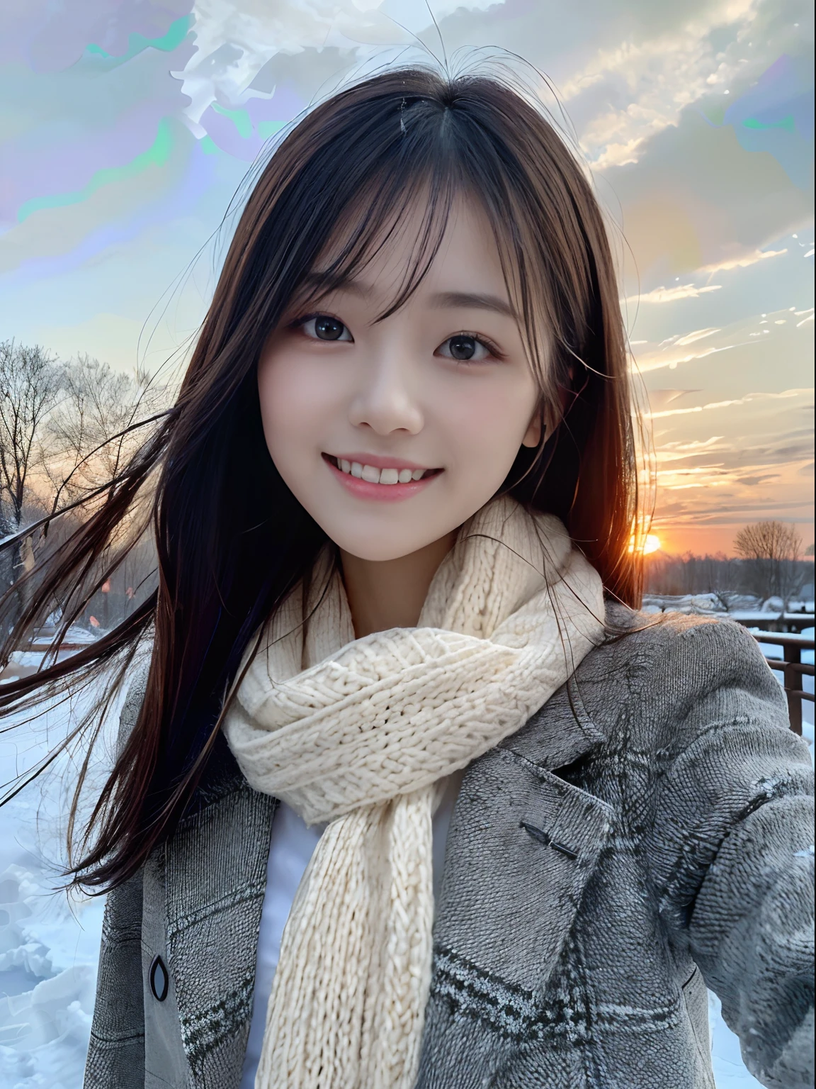 (Close-up portrait of a girl,She has slender breasts and long double-tailed hair,Scarf jacket for winter uniform:1.5)、(The smile is not bright,Girl with hair fluttering in the wind :1.3)、(Beautiful snowy sunset sky:1.5)、(Perfect anatomy:1.3)、(No mask:1.3)、(Complete fingers:1.3)、Photorealistic、Photography、masutepiece、top-quality、high resolution, delicate and pretty、face perfect、Beautiful detailed eyes、Fair skin、Real human skin、pores、((Thin legs))、(Dark hair)