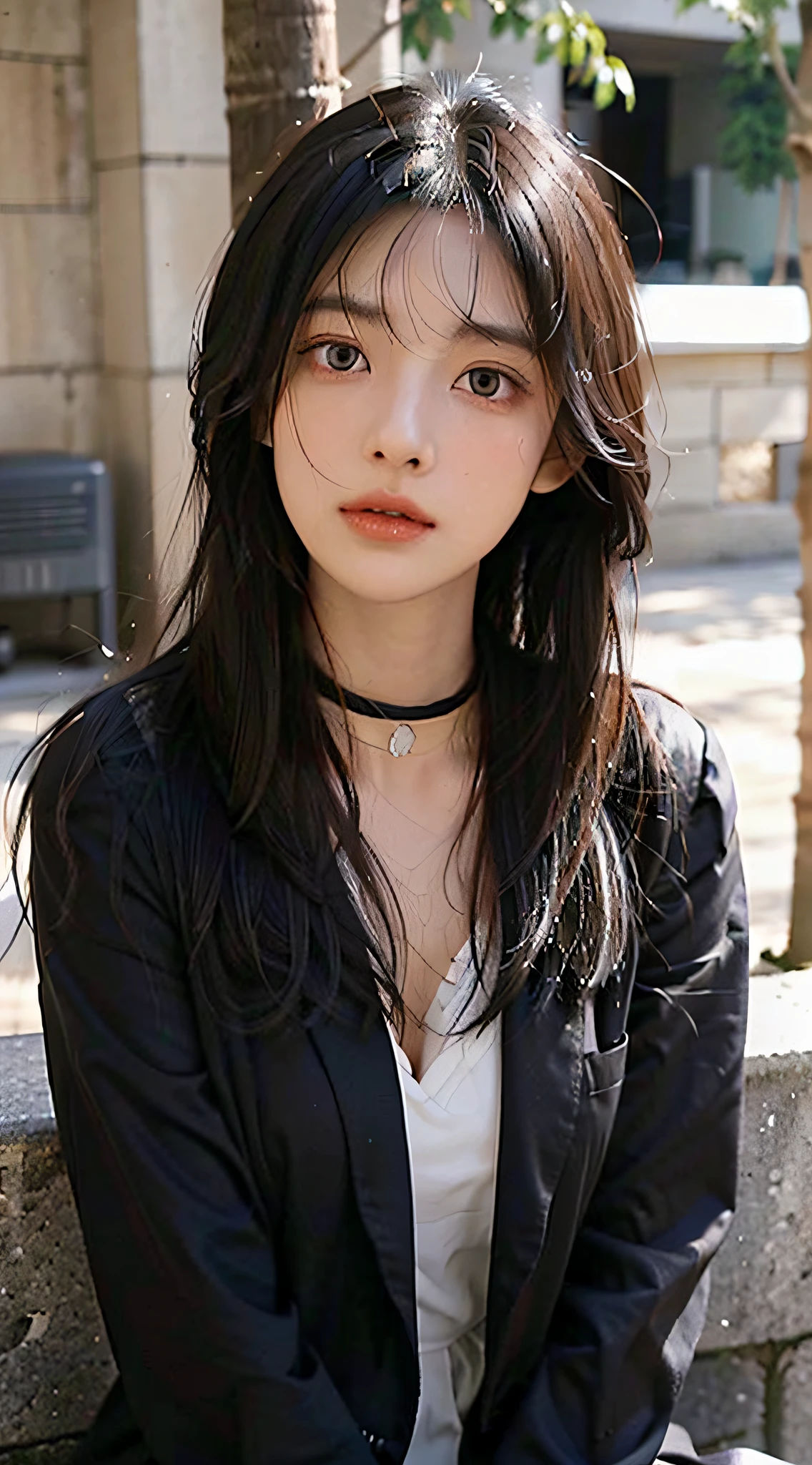 1 adult female, (up of face:1.5), Black hair, Blunt bangs, hair behind ear, hair over shoulder, Long hair, Ultra Fine Face, Thin face, Delicate lips, (beautidful eyes:1.5), thin blush, eyes are light brown,View here, (Hands hide), formal jackets, a choker ,Port Area ,One-person viewpoint, 8K, masutepiece, nffsw, Super Detail, High quality, Best Quality, hight resolution,