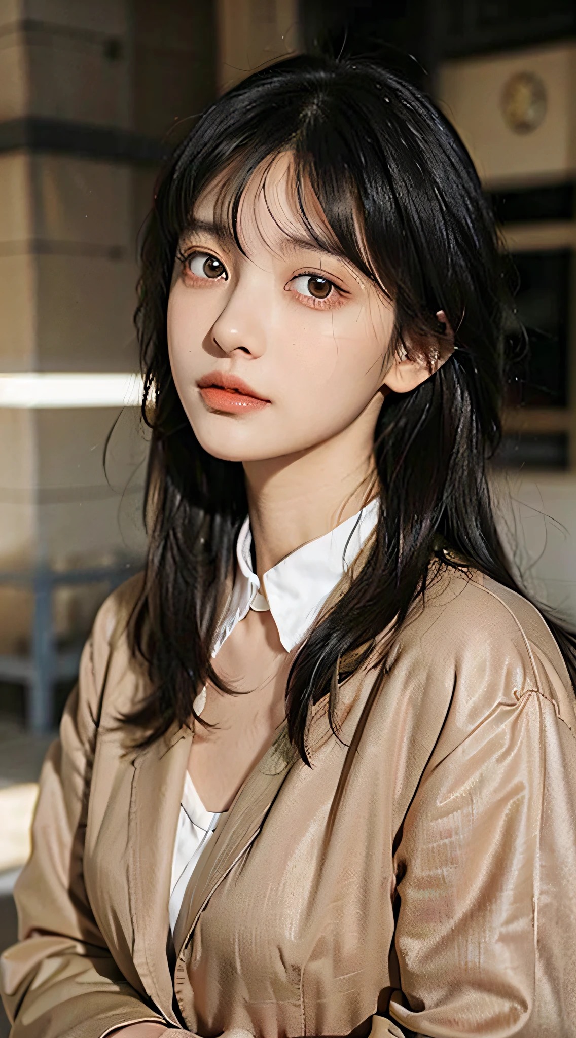 1 adult female, (up of face:1.5), Black hair, Blunt bangs, hair behind ear, hair over shoulder, Long hair, Ultra Fine Face, Thin face, Delicate lips, (beautidful eyes:1.5), thin blush, eyes are light brown,View here, （Hands hide）, formal jackets, a choker ,Port Area ,One-person viewpoint,  8K, masutepiece, nffsw, Super Detail, High quality, Best Quality, hight resolution,