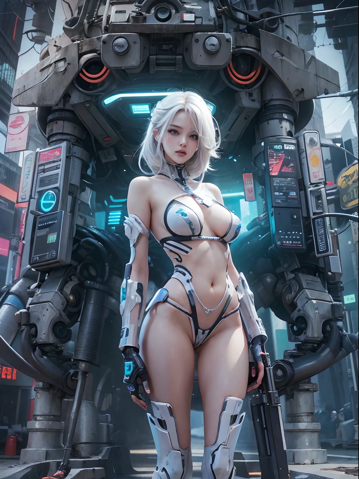 nsfw, 1girl, nude, full body, cyberpunk, mecha, mechanics, (masterpiece: 1.4), (8K, realistic, raw photo, best quality: 1.4), naked, nipple areola shape clear, beautiful breasts, Japanese girl, beautiful cute face, (real face: 1.4), perfect pussy, beautiful hairstyle, realistic blue eyes, beautiful detail eyes, (real skin: 1.3), beautiful skin, attractive, angry face, ultra high resolution, ultra realistic, cinematic lighting, white colored hair, long hair, ribbons, city ruins, futuristic world