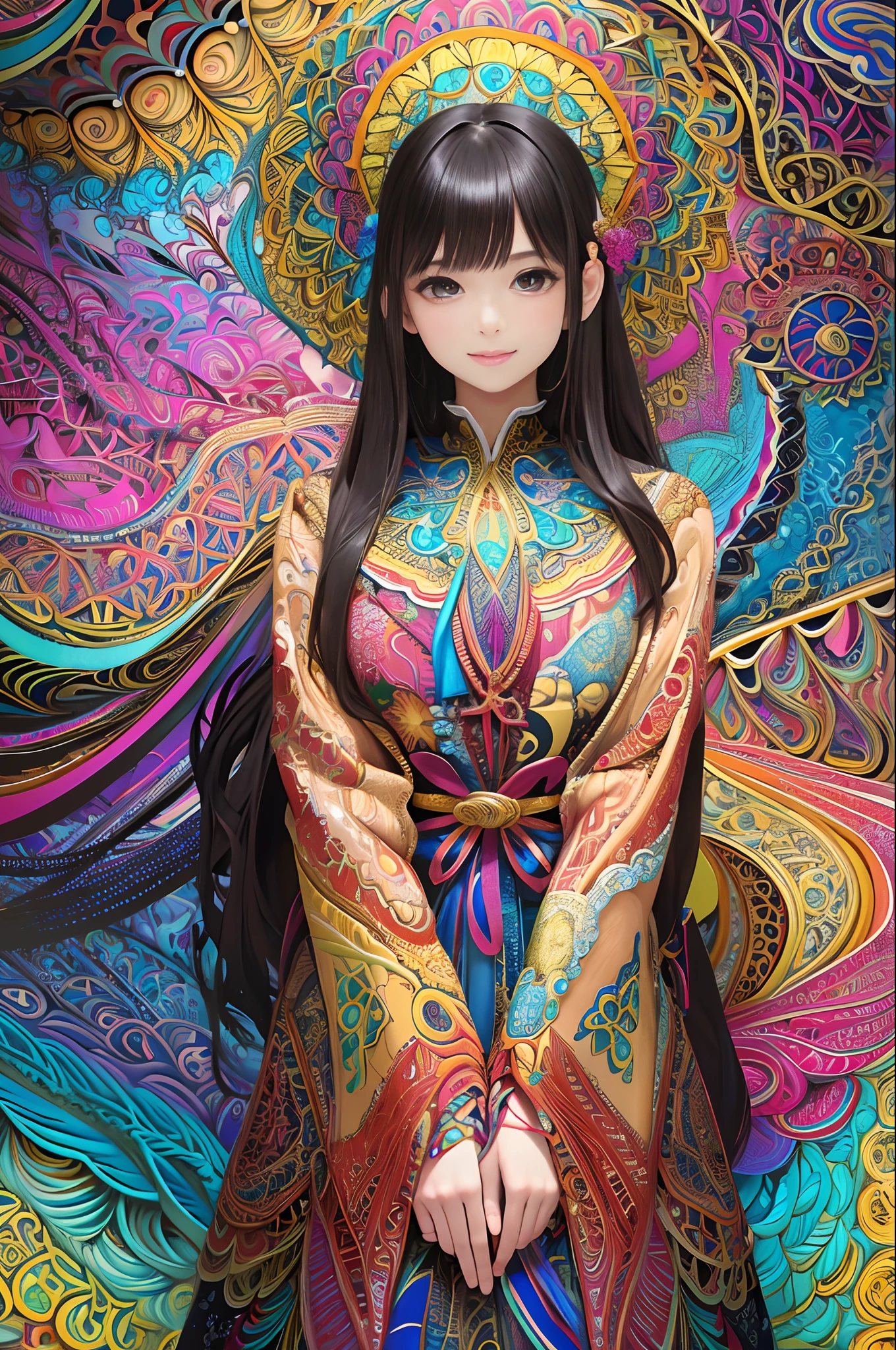(masterpiece, top quality, best quality, official art, beautiful and aesthetic:1.2), (1girl:1.3), extremely detailed,(fractal art:1.2),colorful,highest detailed,(zentangle:1.2), (dynamic pose), (abstract background:1.5), (treditional dress:1.2), (shiny skin), (many colors:1.4), upper body, smile