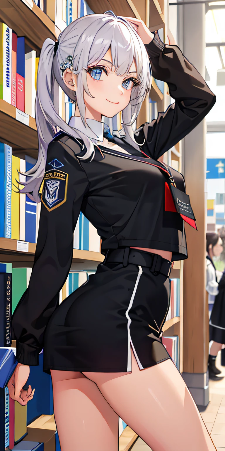 (master part), olhos expressivos, rosto perfeito, 1 girl, sorriso sedutor, Uniforme escolar, minissaia, ((pernas cruzadas)), Good thieves, girl in a bookstore
