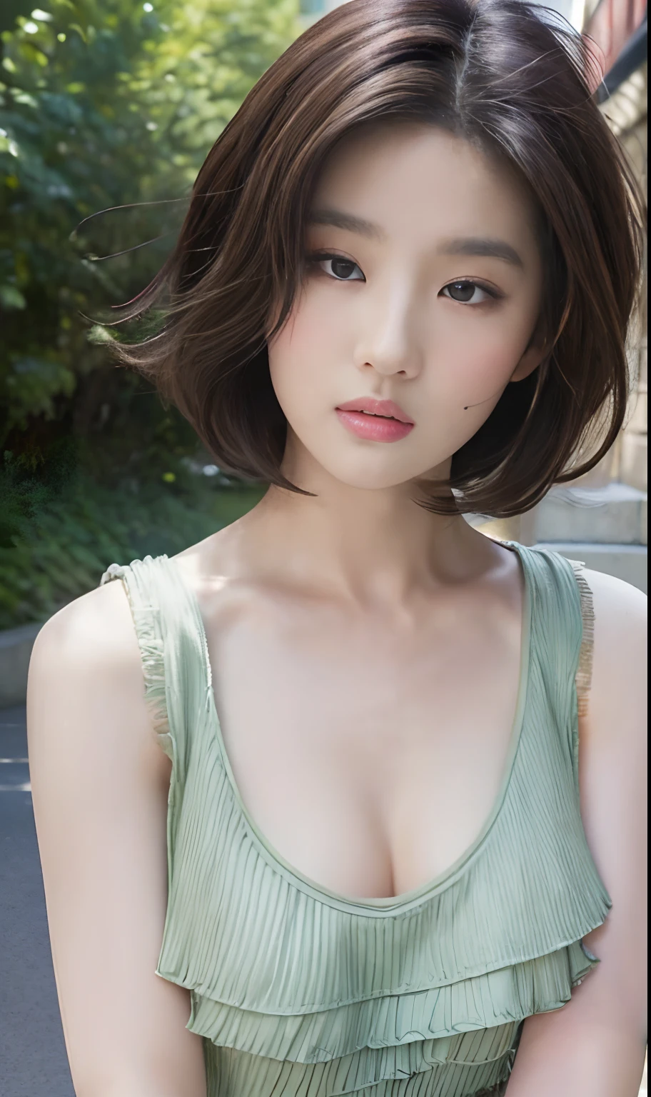 ((Best quality, 8k, Masterpiece :1.3)), Sharp focus :1.2, A pretty woman with perfect figure :1.4, Slender abs :1.2, ((Layered haircut, Big breasts :1.2)), (Tank top shirt :1.1), (Street :1.2), Highly detailed face and skin texture, Detailed eyes, Double eyelid