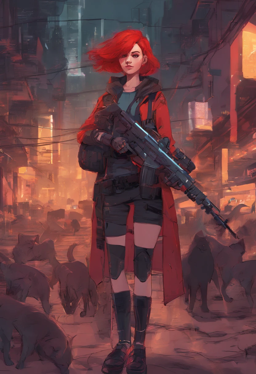 a red-haired girl holding a cat, ao estilo cyberpunk