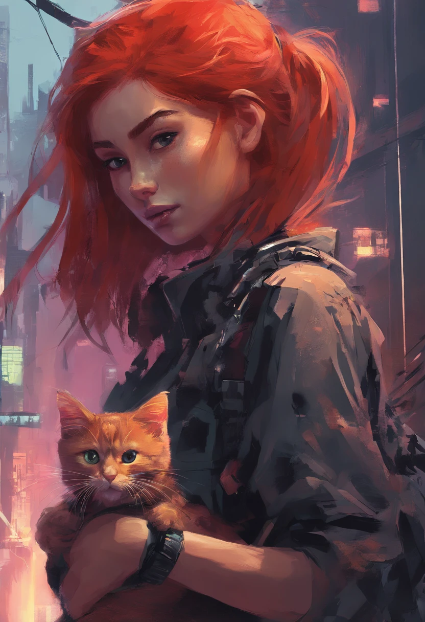 a red-haired girl holding a cat, ao estilo cyberpunk