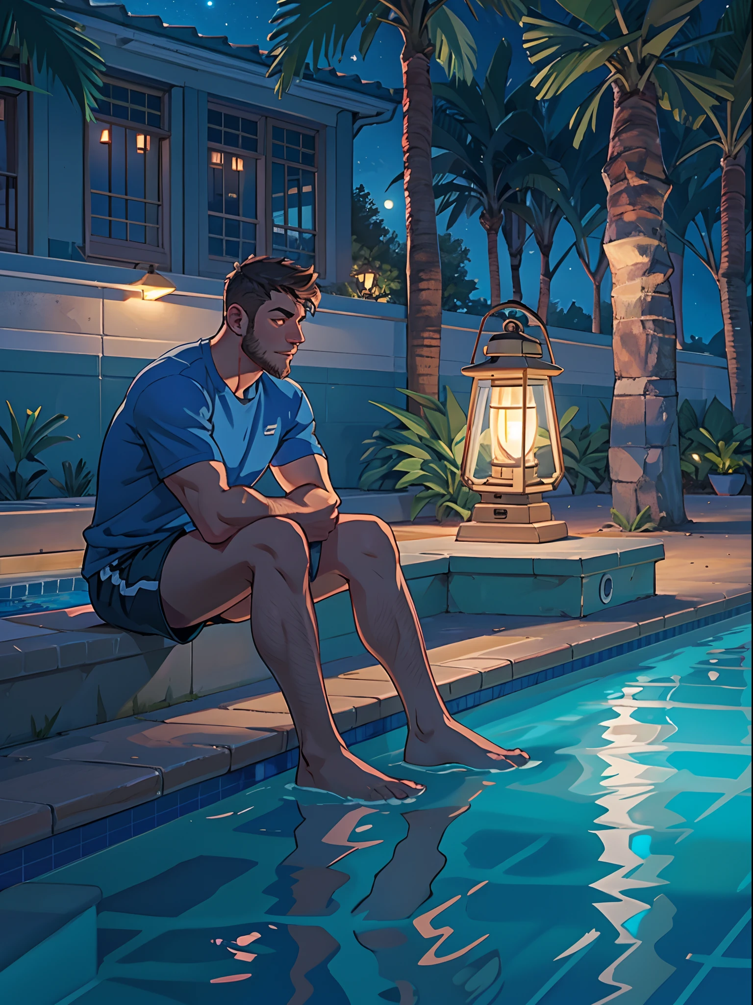 A man sitting near the swimming pool, wearing a long shorts, night light view, half moon, blue lights under the swimming pool, lantern lights, realisti