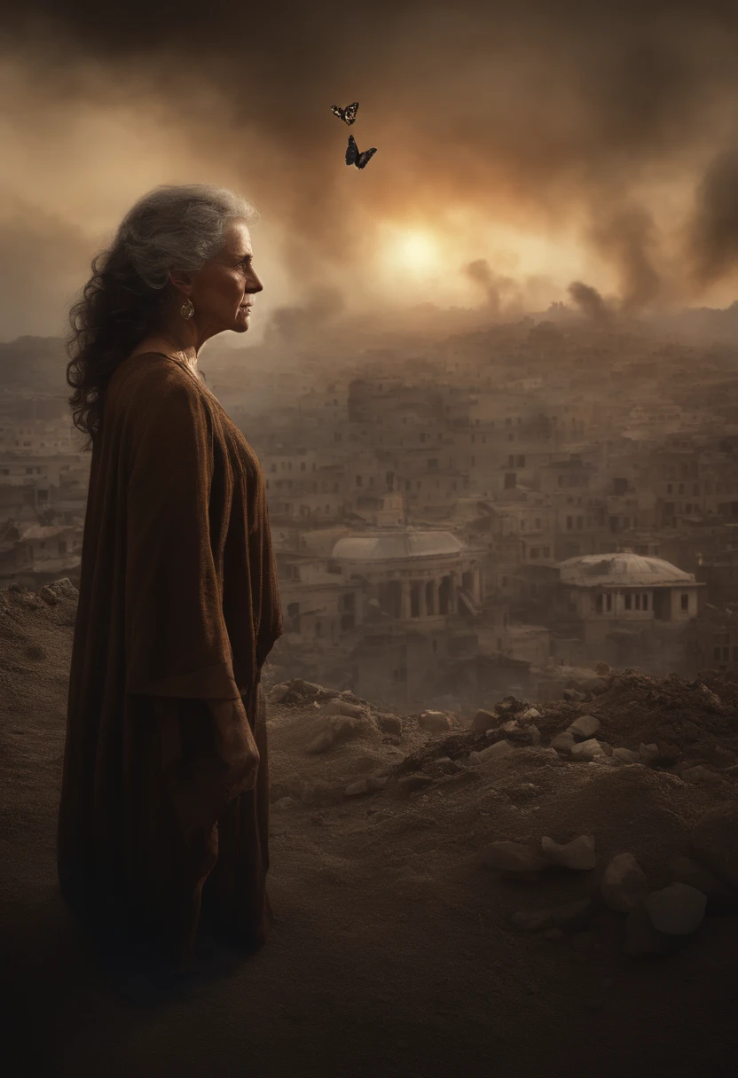Ultra-realistic depiction of a 50-year-old woman, sentado com tristeza, Agonia, ((dried tear drops)), messy and curly hair, rosto empoeirado e pano,(( A destroyed city in the background, fire, ((Human corpse on the ground)), Some people are crying, destroyed building)), uma borboleta senta-se no dedo indicador, (((She's looking at the butterfly and a little smiling))), hiper detalhado, Dynamic color, tom preto e cinza, imagem super emocional, Set in a frighteningly dark setting and surrounded by dark and turbulent smoke. A imagem deve estar em um cativante 16:Formato 9."