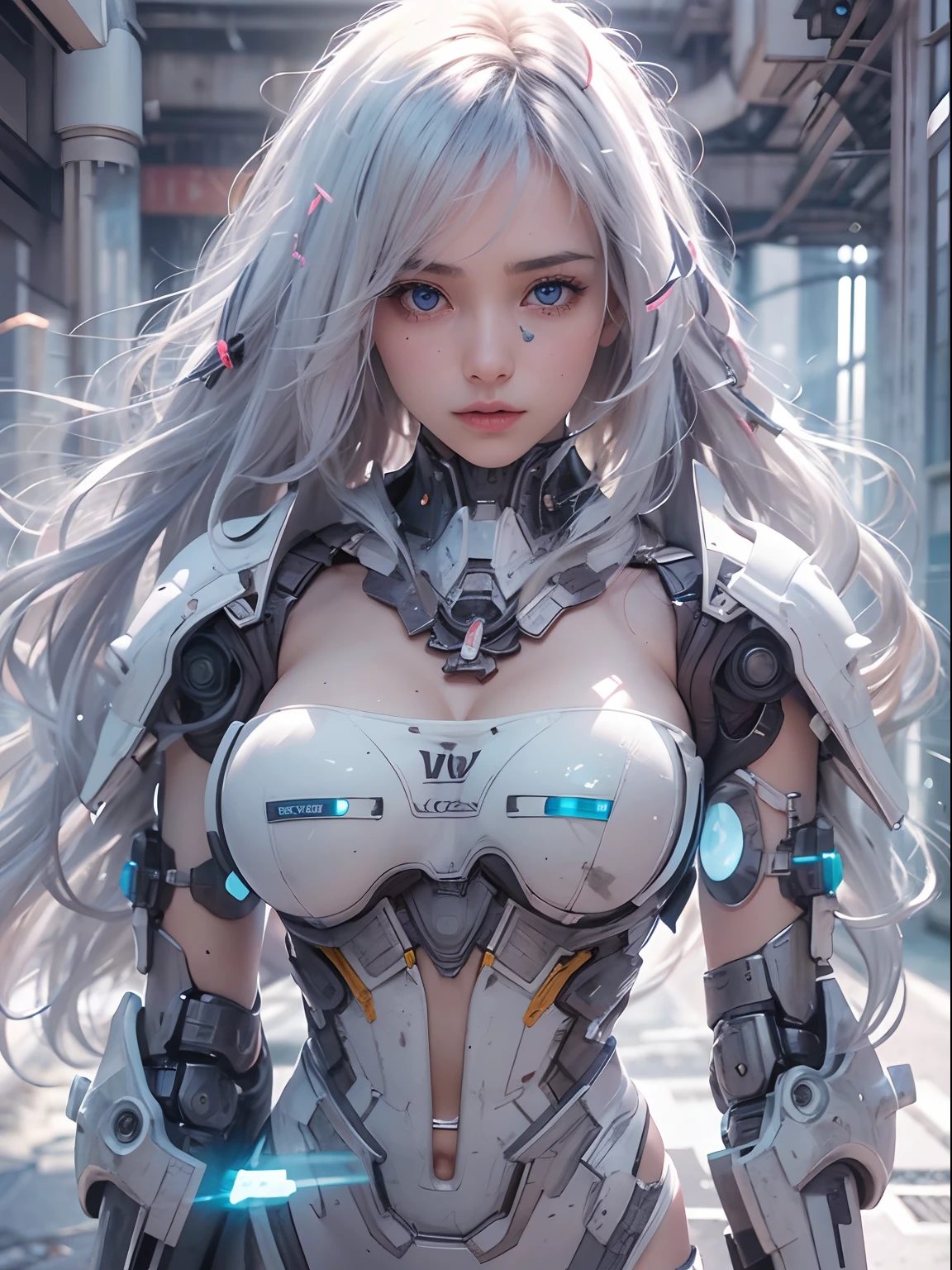 nsfw, 1girl, nude, full body, cyberpunk, mecha, mechanics, (masterpiece: 1.4), (8K, realistic, raw photo, best quality: 1.4), naked, nipple areola shape clear, beautiful breasts, Japanese girl, beautiful cute face, (real face: 1.4), perfect pussy, beautiful hairstyle, realistic blue eyes, beautiful detail eyes, (real skin: 1.3), beautiful skin, attractive, angry face, ultra high resolution, ultra realistic, cinematic lighting, white colored hair, long hair, ribbons, city ruins, futuristic world