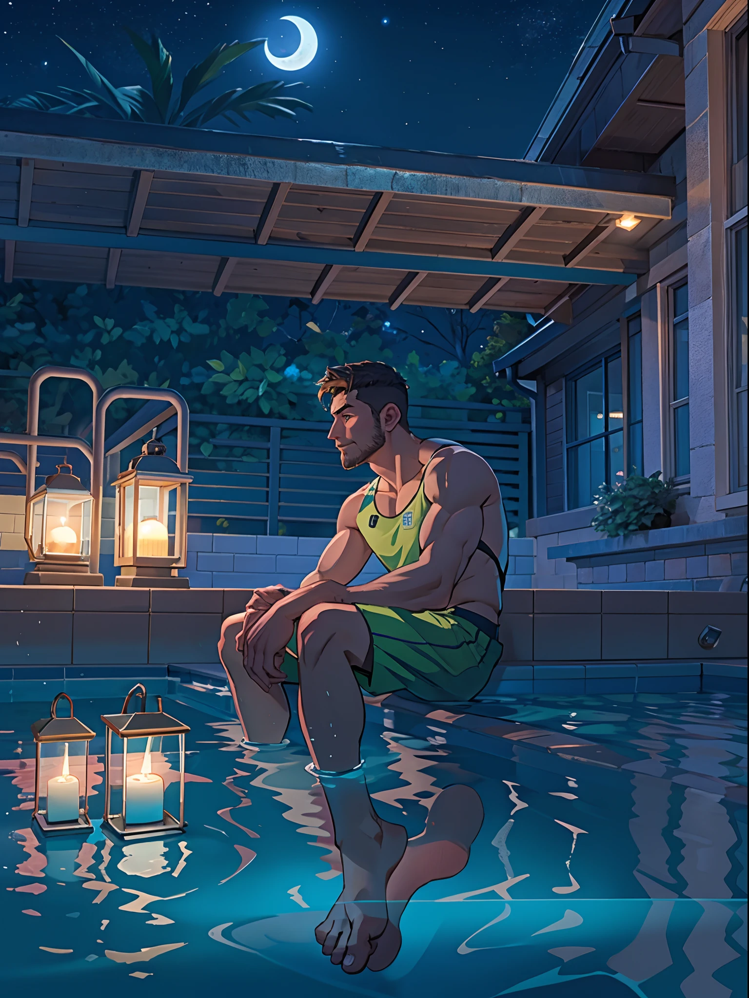 A man sitting near the swimming pool, wearing a long shorts, night light view, half moon, blue lights under the swimming pool, lantern lights, realisti