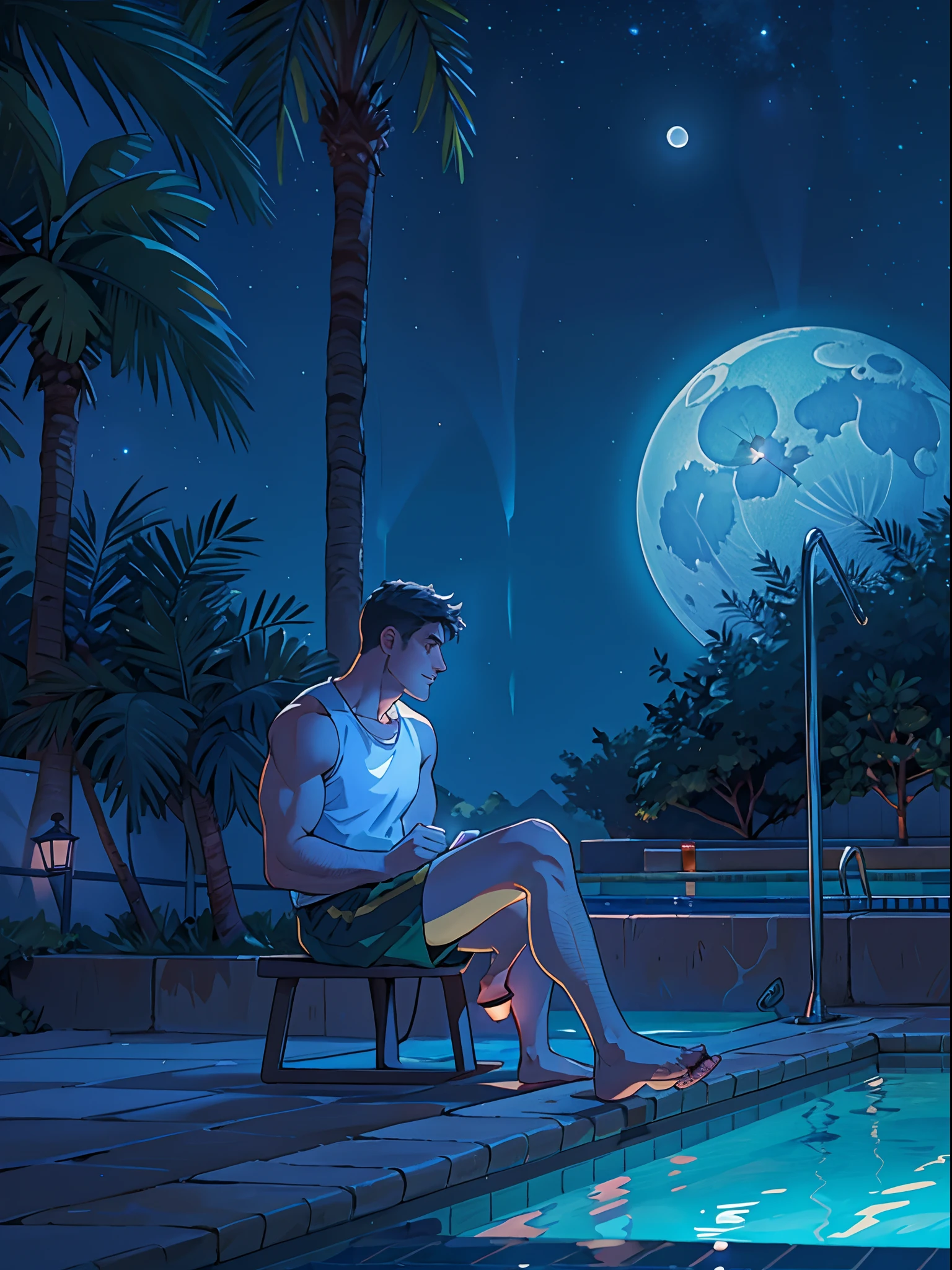 A man sitting near the swimming pool, wearing a long shorts, night light view, half moon, blue lights under the swimming pool, lantern lights, realisti