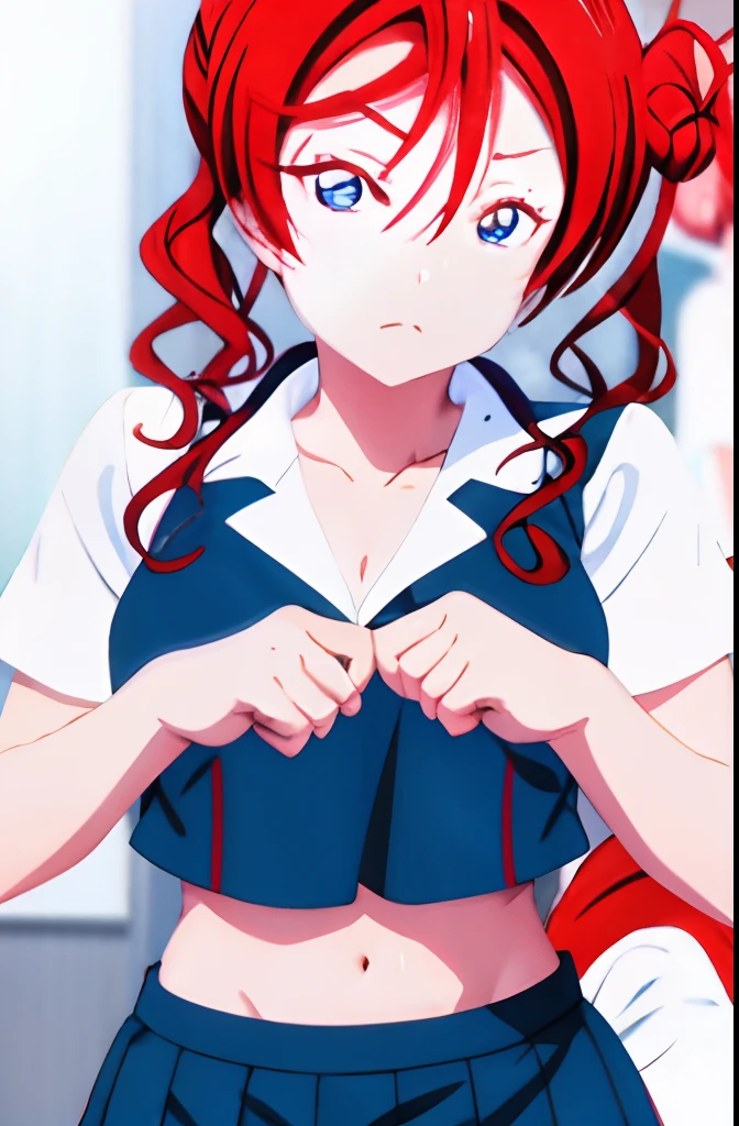 Love Live Superstar、Members of School Idol Liera、Mei Yonejo、Red hair and side tail、 Uniform with navel out、Face forward and show your navel to this side、standing straight ahead.Front Angle、blazers、lowrise.Midriff、Expand the navel with your fingers