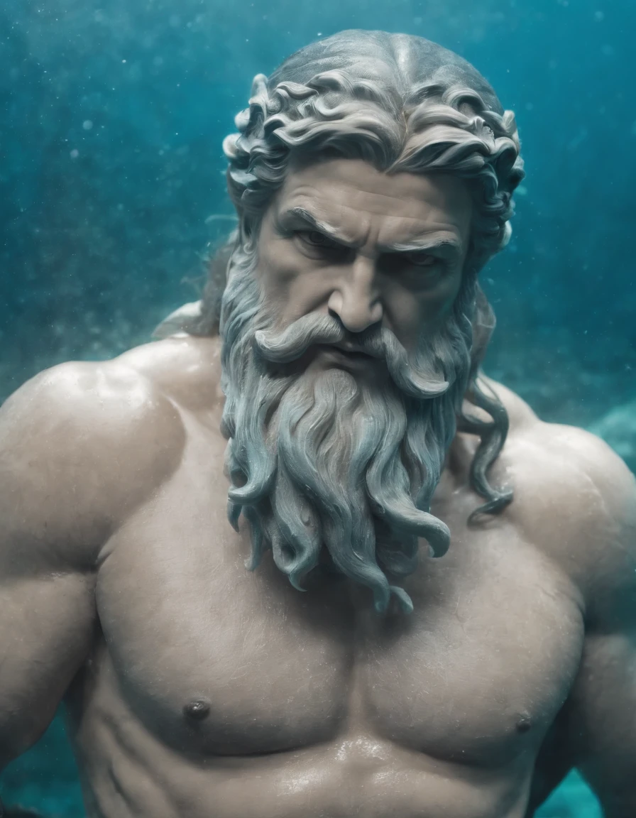 Poseidon sitting in ocean deep, ruler of the ocean, portray his power and authority