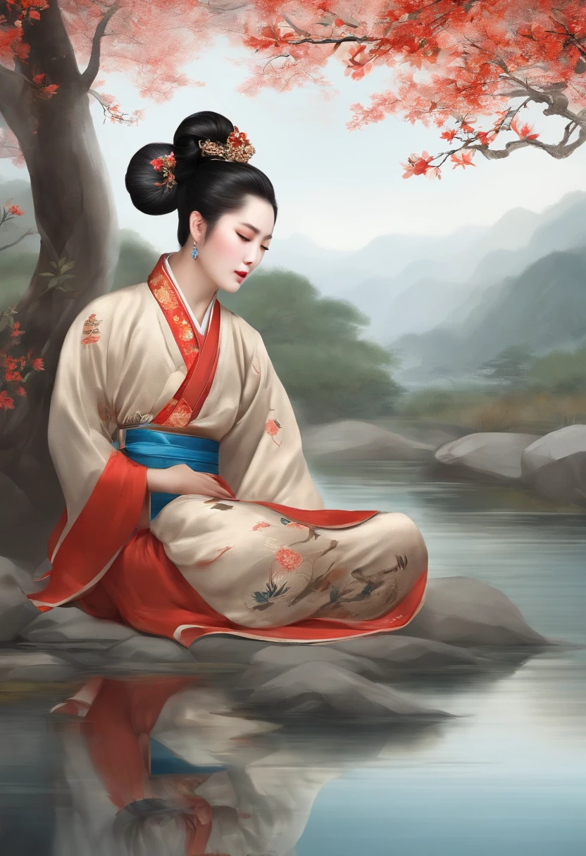 A man sleeping by the river,chineseidol,Hanfu,hair-bun,Traditional Chinese painting,
