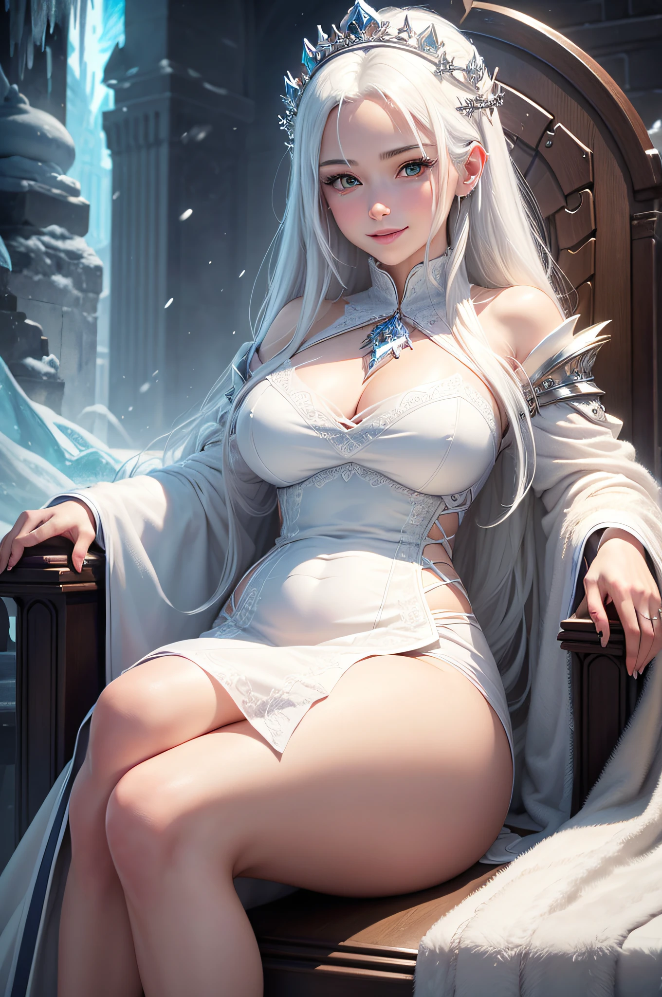 /upscale image of the highest quality, masterpiece, (detailed: 1.4), perfect drawing, beauty girl, sarcastic smile, very long hair, white hair, white hair, girl sitting, sitting on an ice throne, sitting, ice throne , belly with muscles, large breasts, queen's robes, ice crown, large white wolf at her side, white wolf, ice castle in the background, snow falling