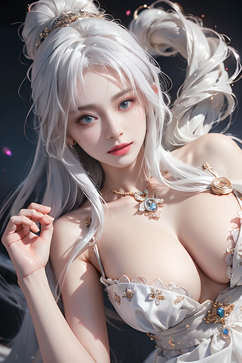NSFW:1.5,masterpiece、From above、top-quality、hightquality、high-detail、high quality texture、High quality shadows、high-detail、Beautiful detailed、Highly detailed CG、Detailed texture、realistic representation of face、realisitic、colourfull、delicated, Cinematic lights, side lights, Lens Flare, Ray traching, Sharp Focus, (1girl in, __Focus__:1.3), (With intricate details, makeup, pureerosface_v1:0.5), (Detailed and beautiful delicate face, Detailed and beautiful delicate eyes, Perfect face proportions、dense skin、dense skin、Optimal ratio of 4 fingers to 1 thumb、arms below breasts, large full breasts、Wide waist、smooth epigastric、skinny、Dress, long white hair:1.3)、bed、No hands, huge-breasted, Large breasts, Clear、