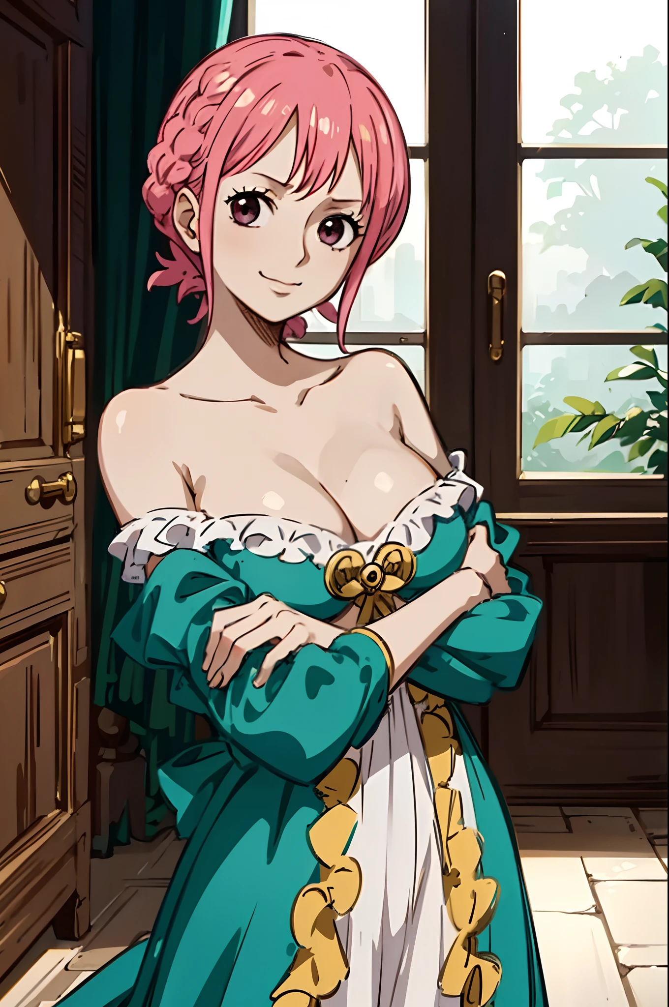 (masterpiece), Rebecca_onepiece, one-girl,  little breast, short hair, noble clothes, ((beautiful face)), (off shoulder: 1.2), looking at viewer, smile, blush, cute pose, indoor, standing, upper body