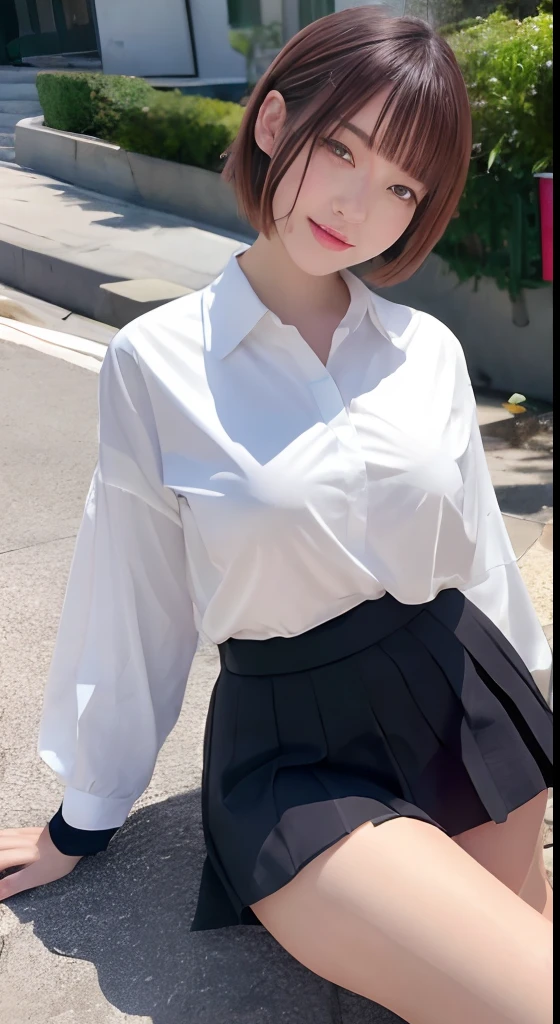 ((top-quality、8K、masterpiece:1.3))、Focus:1.2、perfectbodybeauty:1.4、s ass:1.2、((Layered Haircut、breastsout:1.2))、(Wet clothes:1.1)、(Sateen、Street:1.3)、Highly detailed facial and skin texture、Narrow-eyed、二重まぶた、Whitening skin、length hair、(Shut up:1.3)、masutepiece, Best Quality、Realistic, ( Intricate details, depth of fields)、Hyper-Realism, 8K, Best Quality, Super Detail, retinas, ighly detailed, Perfect face, Perfect body, Huge breasts, Constriction, Very big ass, Glamour, indirect lighting, blondehair、hair wavy, short-hair、prety woman, the perfect appearance, Smile, ta, Oily skin、shinny skin、Beautiful natural places、 Anatomically correct、 hi-school girl、校服、The shirt、plaid skirts、((full body including legs))a picture