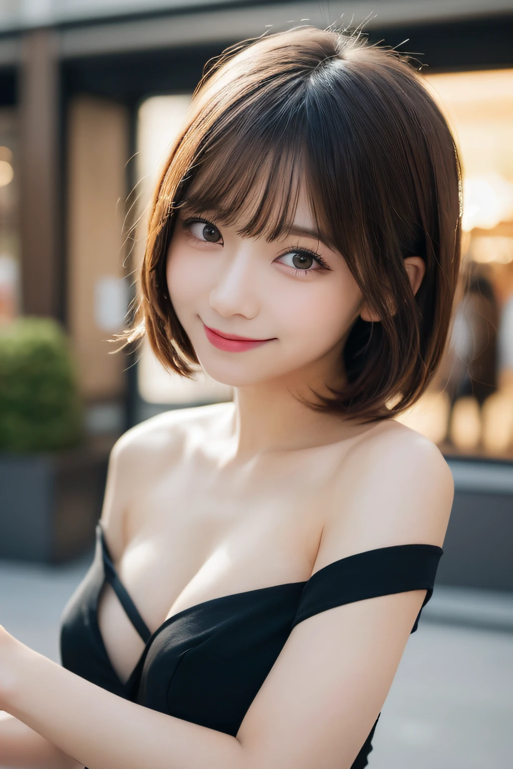 masutepiece, Best Quality, Illustration, Ultra-detailed, finely detail, hight resolution, 8K Wallpaper, Perfect dynamic composition, Beautiful detailed eyes, Women's Fashion,Very short hair,Small breasts natural color lip, Bold sexy poses,Smile,Harajuku、20 years girl、Cute、Sexy shot looking at camera
