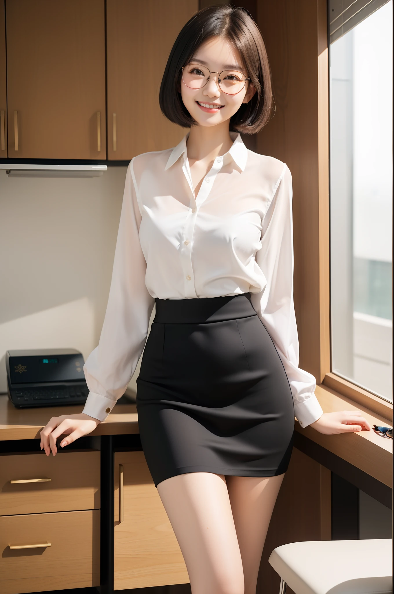 (masutepiece, Best Quality, Capture super cute moments, depth of fields, ultra-detailliert, Ultra High Resolution, C4D, Octadale, 3D Modeling, 8K, 16 K, one girls、a 、A dark-haired、short-hair、straight haired、Light brown eyes,hair adornments、wearing black glasses、A smile)、Slender body、small tits、Officelady、Blouse、tight skirts