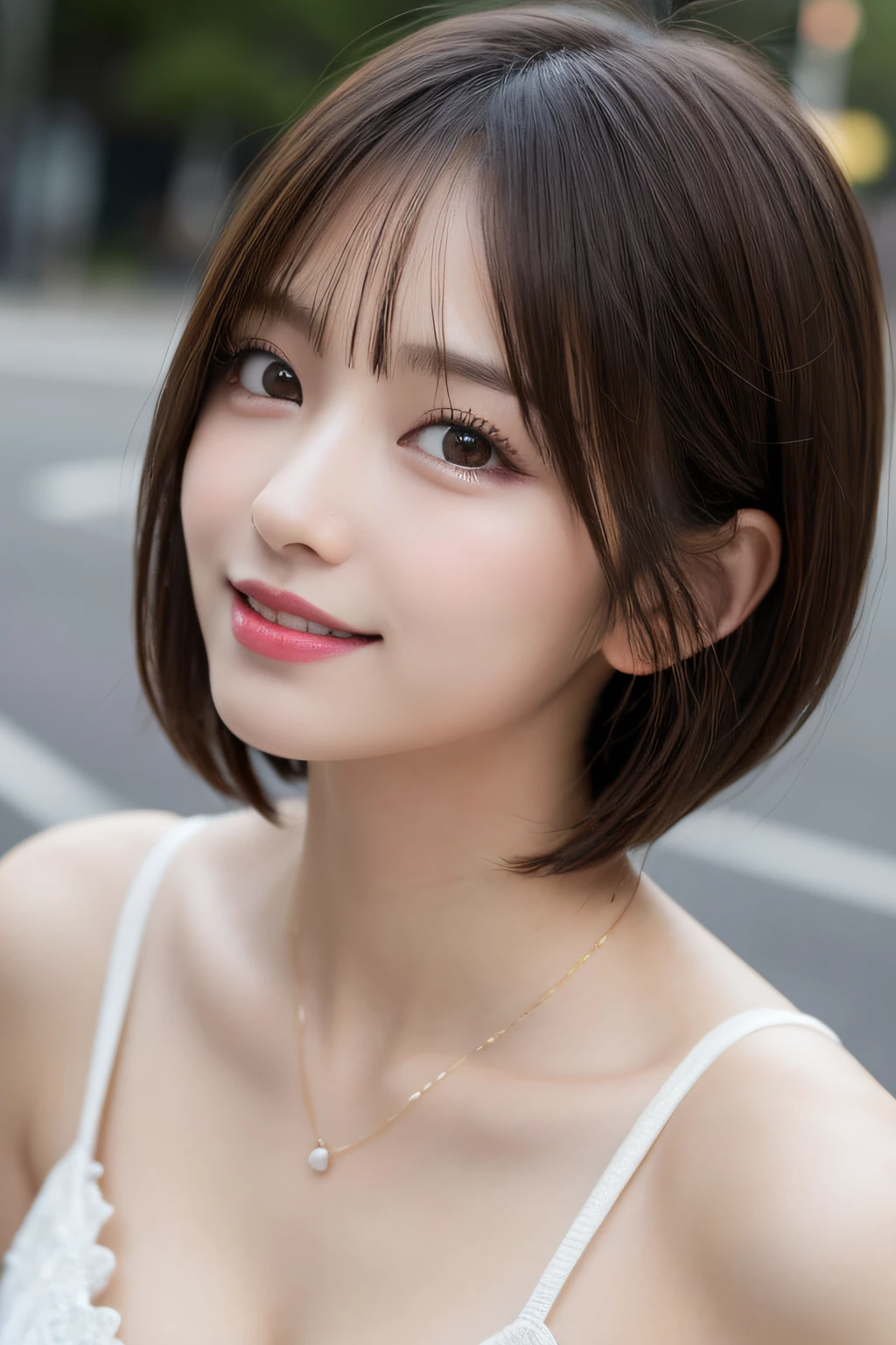 masutepiece, Best Quality, Illustration, Ultra-detailed, finely detail, hight resolution, 8K Wallpaper, Perfect dynamic composition, Beautiful detailed eyes, Women's Fashion,Very short hair,Small breasts natural color lip, Bold sexy poses,Smile,Harajuku、20 years girl、Cute、Sexy shot looking at camera