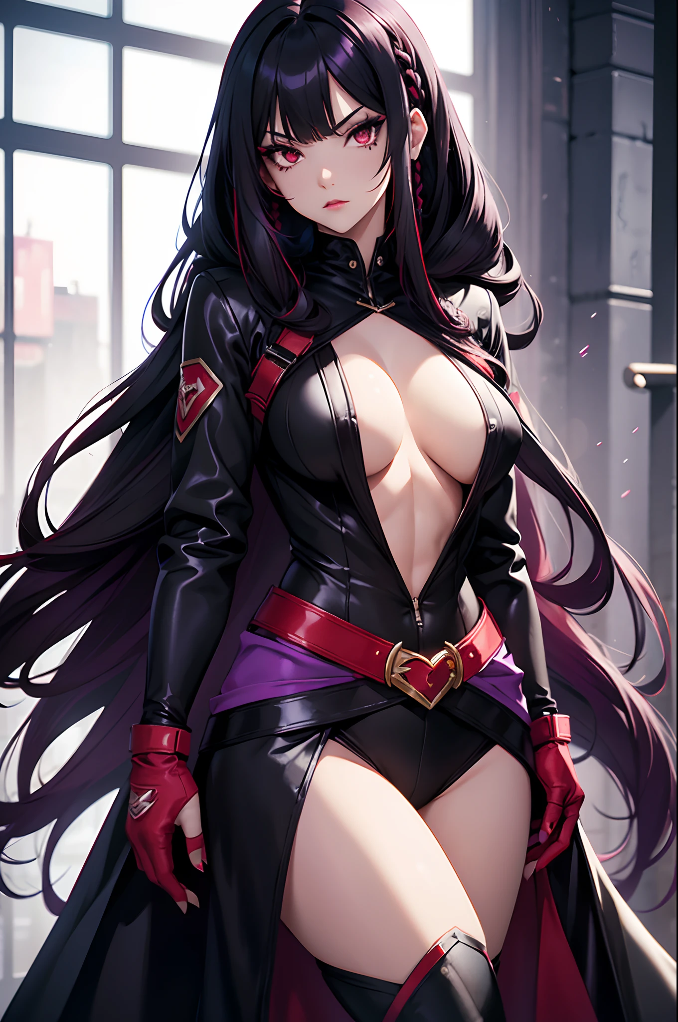 1 girl, black hair, very long hair, red dye hair, red eyes, bangs, purple lipstick, purple eyeliner, serious, beautiful, abs, strong, bodysuit, waist cape, multiples braids, loose hair, long gloves, moles.