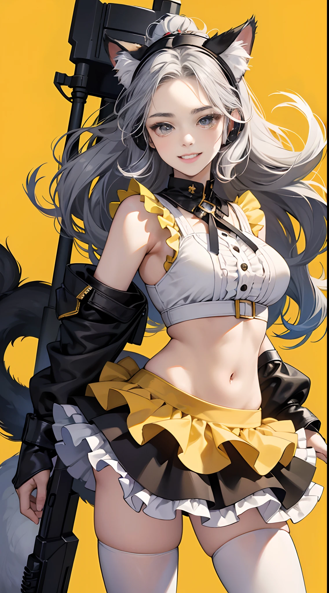 (Best Quality,4K,High resolution), (Best Quality,4K,High resolution), 18yo woman, femele，Siamese cat feminization，Cat's ears，Cat Ear Headphones，Gray-haired princess hair，Long perm with gray hair,，Forehead，Black mesh hair，Sauce order，Big Cat Gloves，arma:firearm，Heavy equipment，dishevled hair，Active characters，A smile，double tooth，，Sleeveless，Tight Maid Clothing，Big breasts，Navel out，yellow and black color scheme，frilled miniskirt，Yellow and black décor，fluffy cat tail，White tail，Delicately drawn illustrations，Vivid color scheme，colourfull，Detailed body，realistic representation，charicature，action，futuristic background，Dynamic movement，
