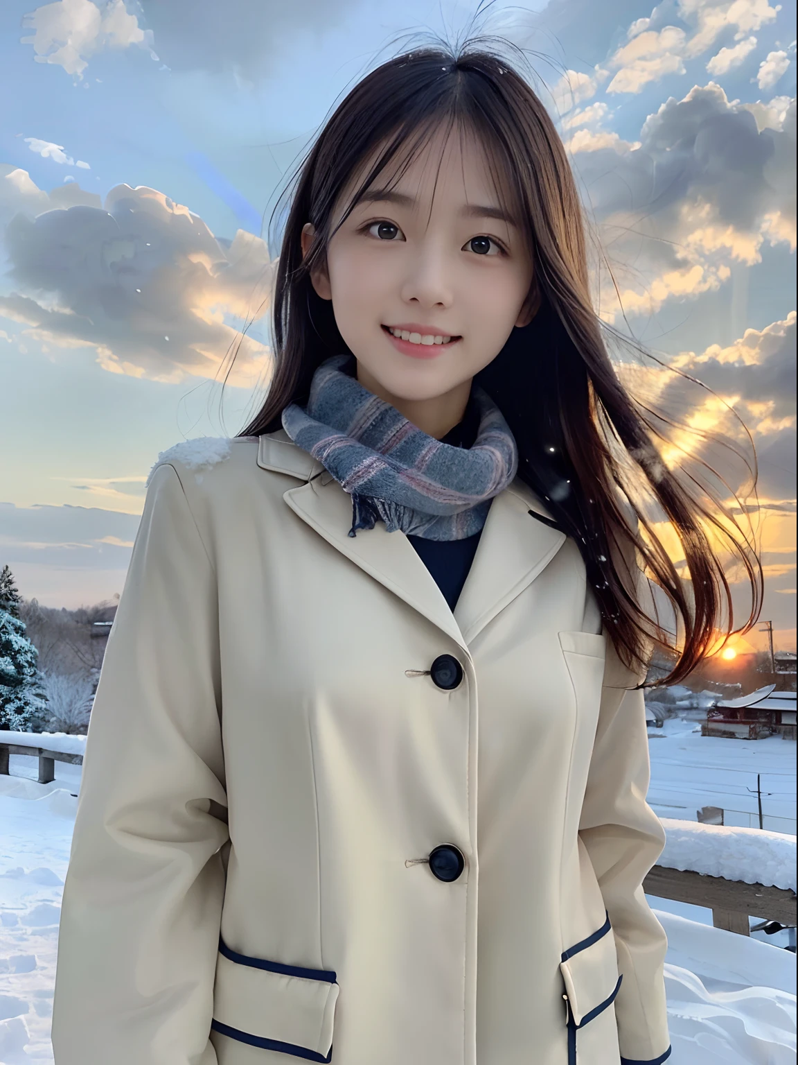(Close-up portrait of a girl,She has slender breasts and long double-tailed hair,Winter uniform scarf jacket:1.5)、(The smile is not bright,Girl with hair fluttering in the wind :1.3)、(Beautiful snowy sunset sky:1.5)、(Perfect anatomy:1.3)、(No mask:1.3)、(Complete fingers:1.3)、Photorealistic、Photography、masutepiece、top-quality、high resolution, delicate and pretty、face perfect、Beautiful detailed eyes、Fair skin、Real human skin、pores、((Thin legs))、(Dark hair)