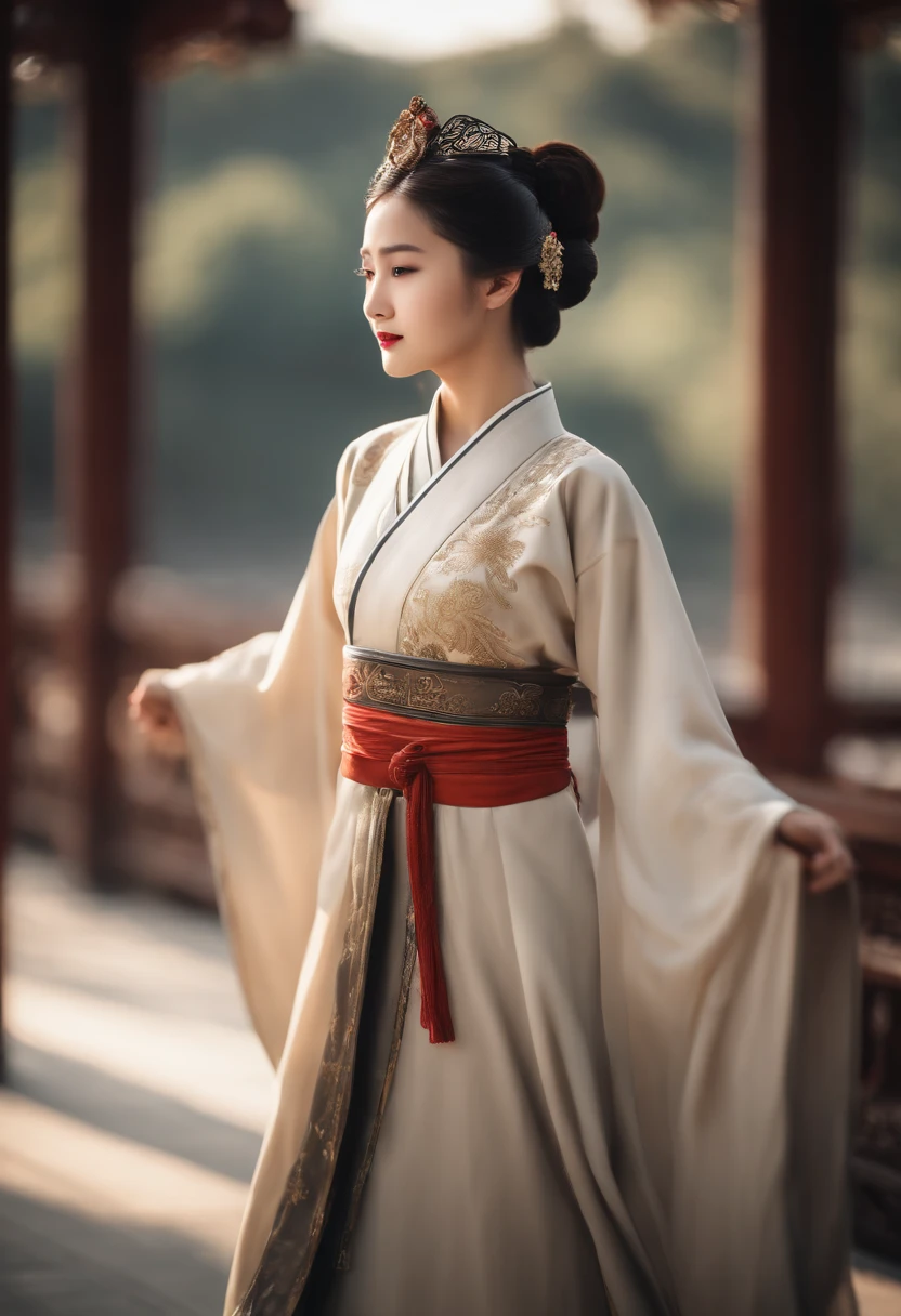 A girl, ancient Chinese costume, whole body, sunshine, clear face, clean white background, masterpiece, super detail, epic composition, ultra HD, high quality, extremely detailed, official art, uniform 8k wallpaper, super detail, 32k -- v 6