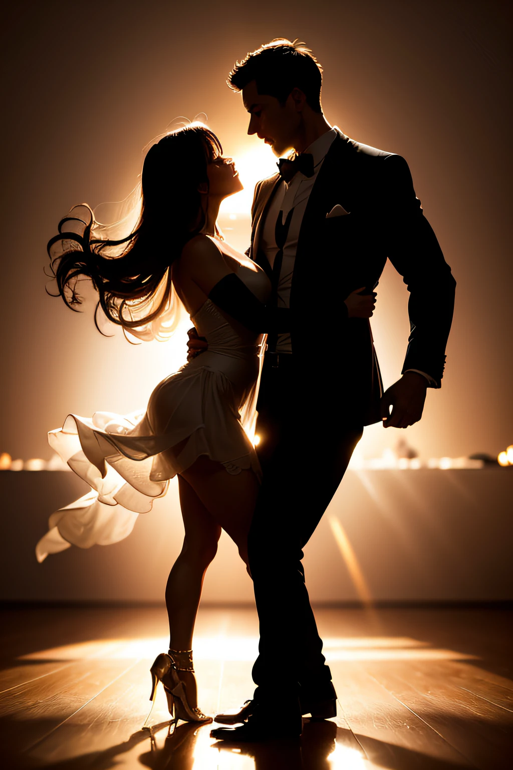 couple dancing on a dance floor, two pairs of eyes meeting on the dance floor, long shot dramatic lighting, dramatic low lighting, dramatic backlighting, dancing elegantly over you, sensual dancing, dramatic soft lighting, dramatic backlit lighting, dancing with each other, posing in dramatic lighting, dramatic lighting !n-9, epic dramatic lighting, 35mm dramatic lighting