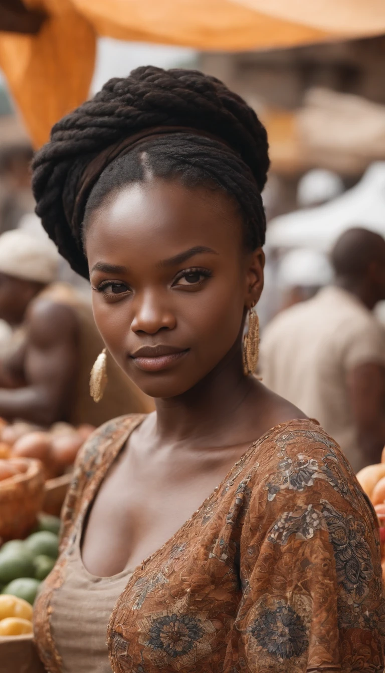 Create the image The image of a realistic black woman at african market place with of people around