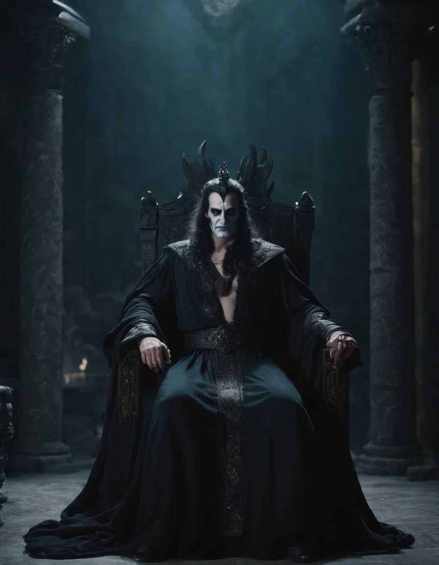 Hades sitting on his throne in under world, ruler of the under world, portray his power and authority