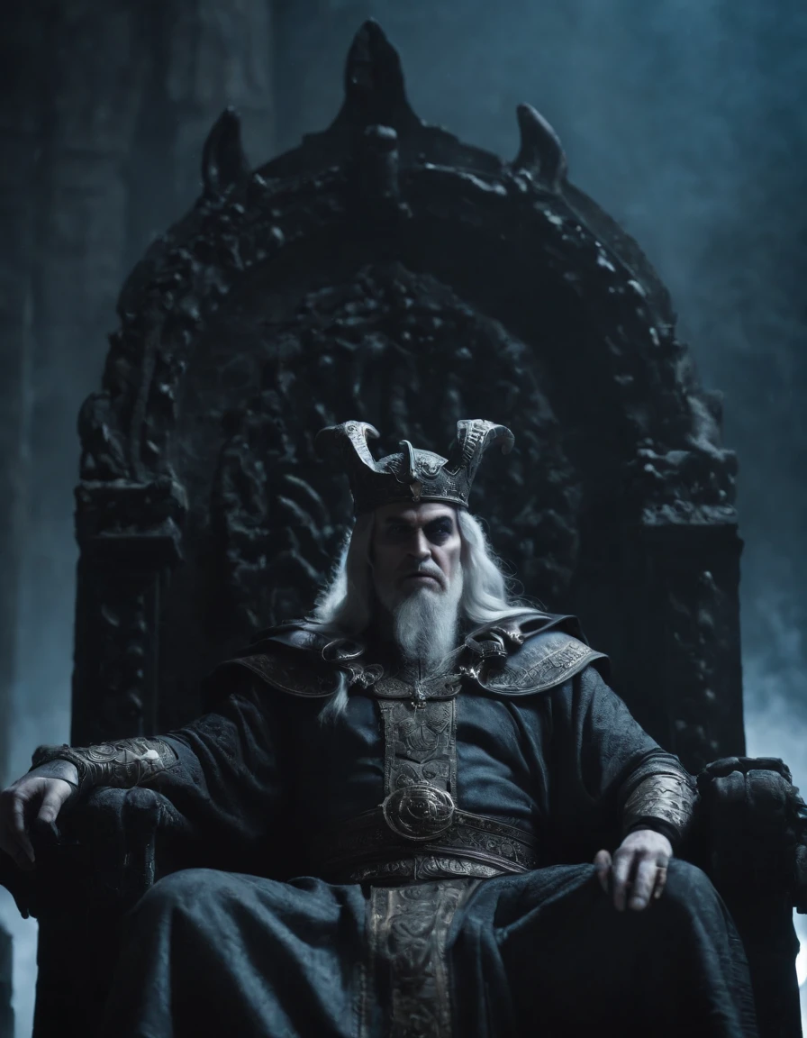 Hades sitting on his throne in under world, ruler of the under world, portray his power and authority