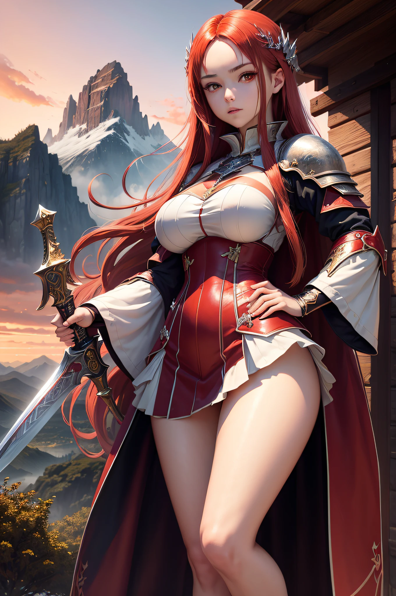 Highest quality image, masterpiece, (detailed: 1.4), anime girl, (imposing pose), facing me, holding a greatsword down with both hands in front of her, long hair, red hair blood, white eyes, full body, legs open, aesthetic body, big breasts, knight's outfit, scenery with mountains, scarlet sky, purple clouds