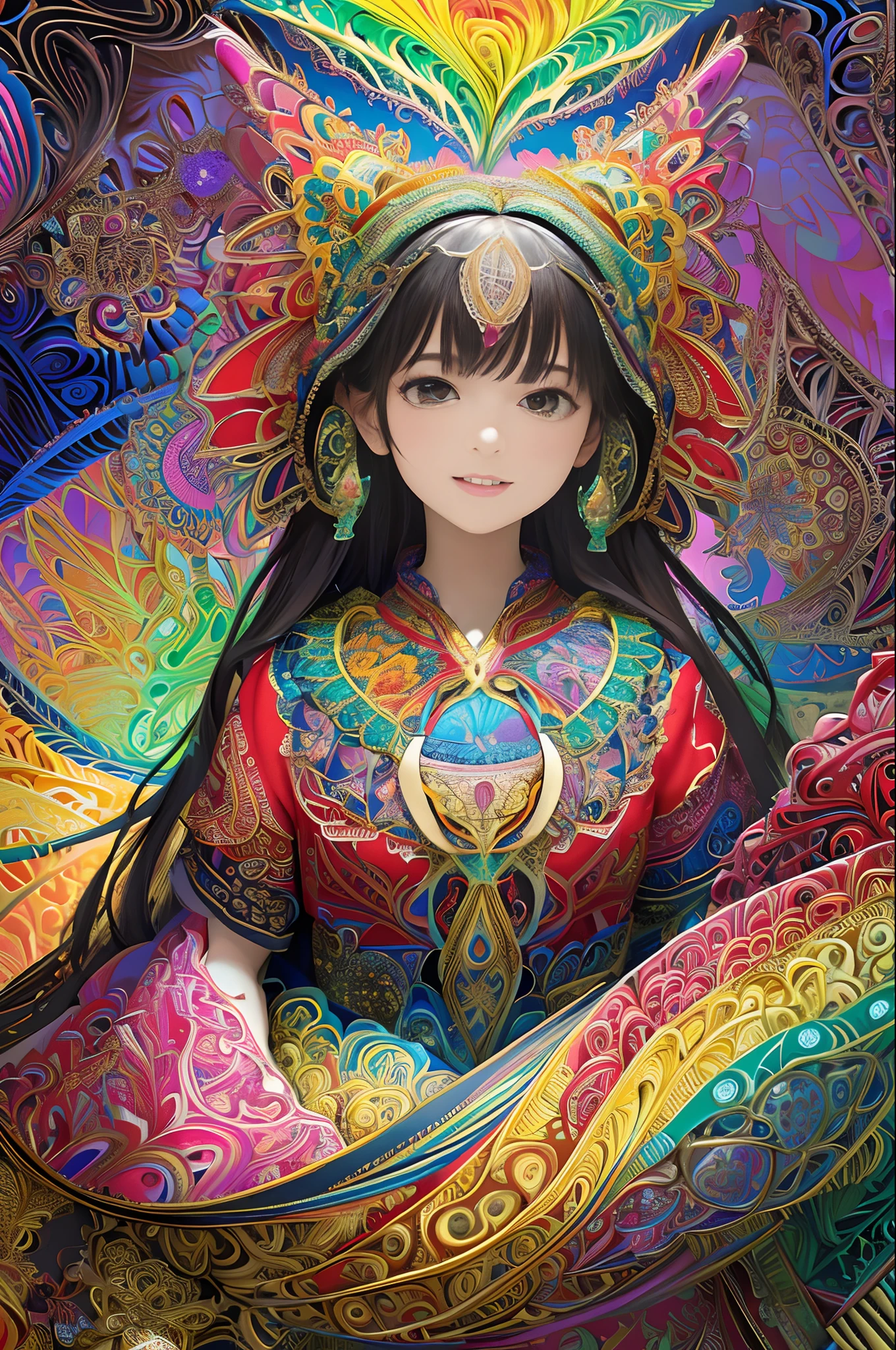 (masterpiece, top quality, best quality, official art, beautiful and aesthetic:1.2), (1girl:1.3), extremely detailed,(fractal art:1.2),colorful,highest detailed,(zentangle:1.2), (dynamic pose), (abstract background:1.5), (treditional dress:1.2), (shiny skin), (many colors:1.4), upper body, smile