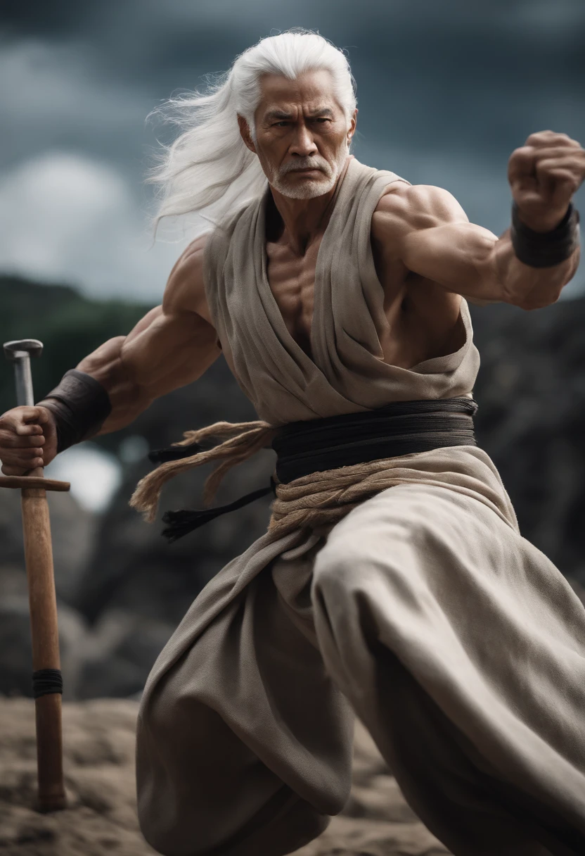 Depict the appearance of Isaac Netero, an elderly man with white hair. Emphasize his muscular body that has been trained to the limit, conveying his overwhelming combat power. Show his calm and collected expression, but also his stern gaze at times. Express the effect of his ability "Hyakushiki Kannon," giving him the presence of a giant statue with numerous arms. In the background, illustrate a wasteland with traces of battles that have taken place.