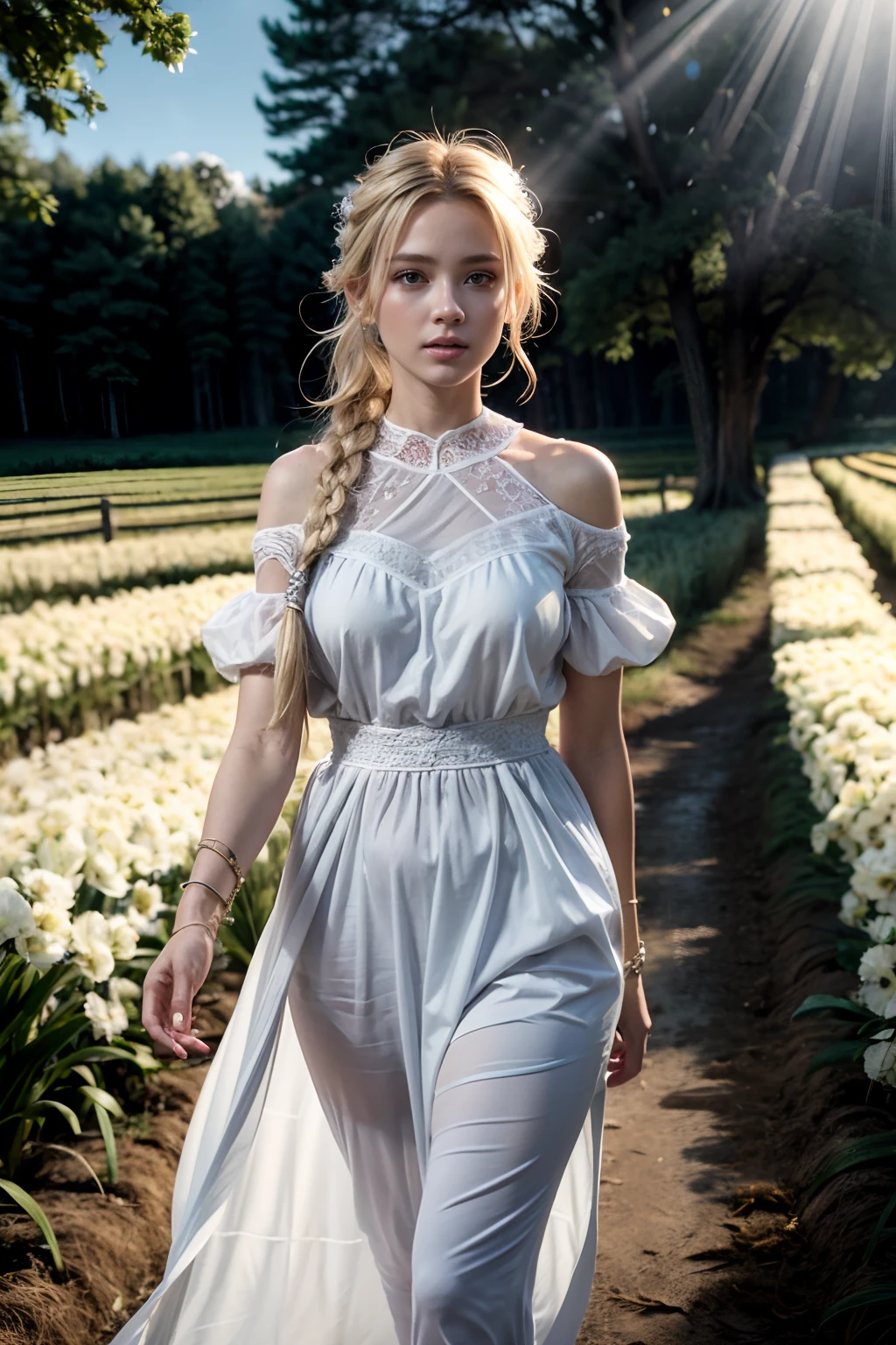 (Realstic:1.3), finely detailed, quality, Rembrandt lighting, (master piece:1.2), (photoreallistic:1.2), (beste-Qualit), (detailed skin:1.3), (intricate high detail), dramatique, ray tracing, 1fille, American White Girl, cheveux blonds, 21 ans, seins moyens, (Prairie, Soleil, Nuages, Champ, Agriculture, Starlight, Walking trail) braided