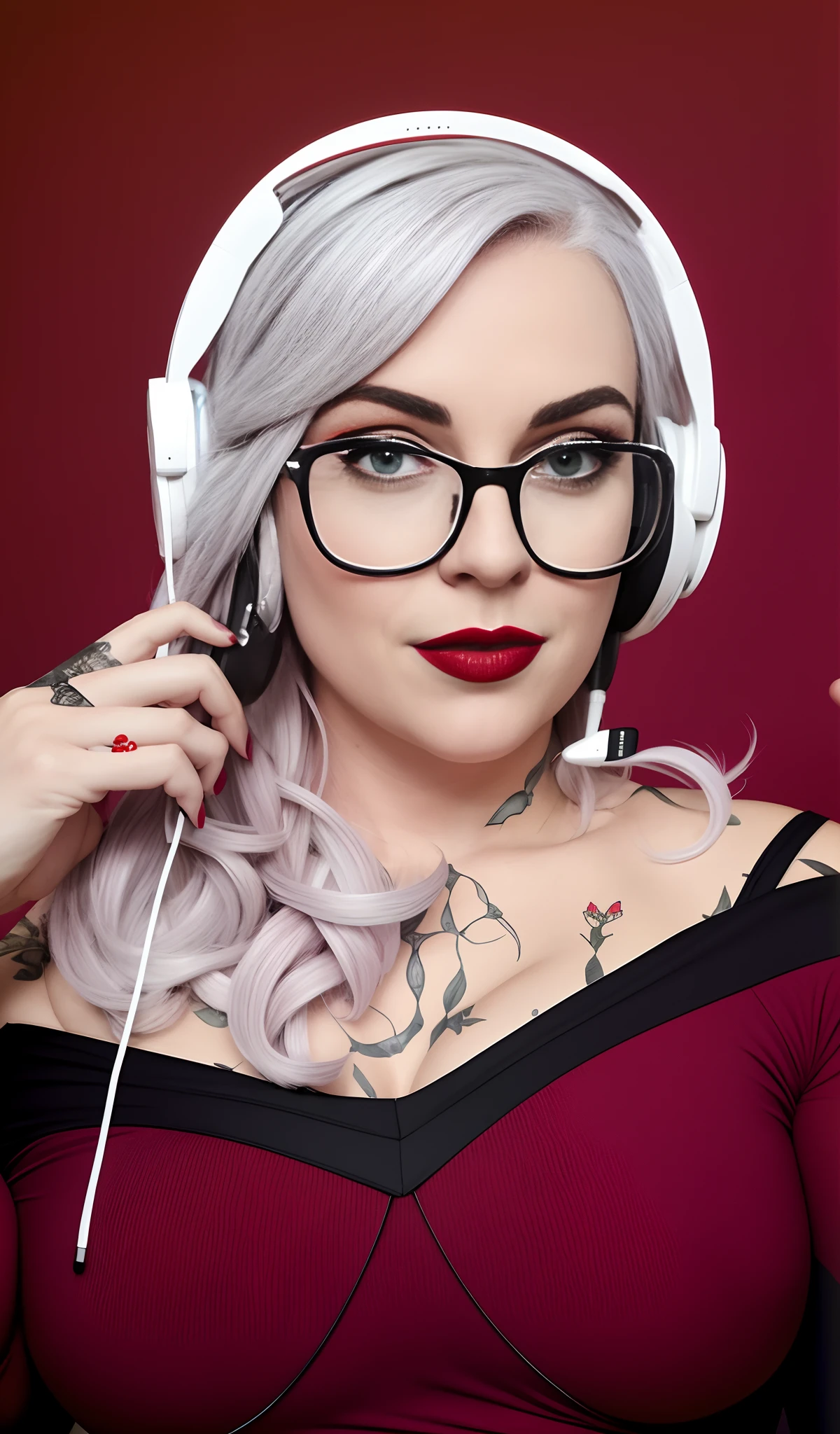 um close up de uma mulher com fones de ouvido e um vestido vermelho, usando fones de ouvido roxos, Streamer do Twitch, thick glasses, usando fones de ouvido de gato, Usando fones de ouvido, mais conhecido como Amouranth, solo portrait 🎨🖌️, thick red lips, com fones de ouvido, her hair is white, thicc, anime vibes, olhos bonitos, without glasses, roupa sexy, olhos juntos, beautiful hands, dedos bonitos
