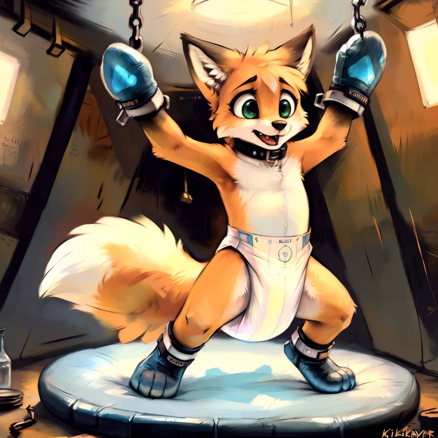 (((by fluff-kevlar, by Zackary911, by Kenket, by Kilinah))), solo kid ( fox), (detailed  fox) wearing a thick diaper with green  snowflake shaped symbol pattern, muscular abs, teal clear eyes , white and blueish white fur, icy fur,  shirtless, standing, trapped, stretched raised arms tied on spreader bar, chained legs to spreader bar, stretched , rear  view  angle, scared, finely detailed paws, padded wrist cuffs,padded ankle cuffs, padded collar, scared , on futuristic laboratory, cute, japanese mascot, child proportions, child anatomy, fluffy body, ((very padded plastic grip restraint mittens)),