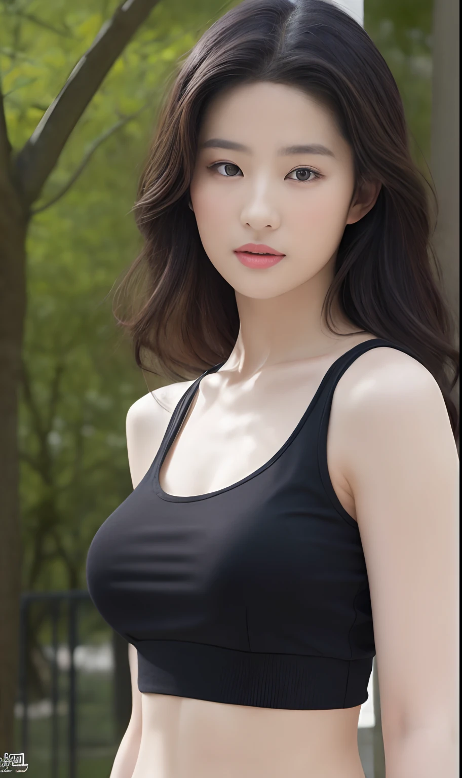 masterpiece、flat-colors、depth of fields、lens flare 1 girl、、Brown hair、watching at viewers a belt black suspenders Too large breasts Armpit sweat perspiring Side of both hands walls: Black pants, Gaze Small face Bangs Upper Eyes flank